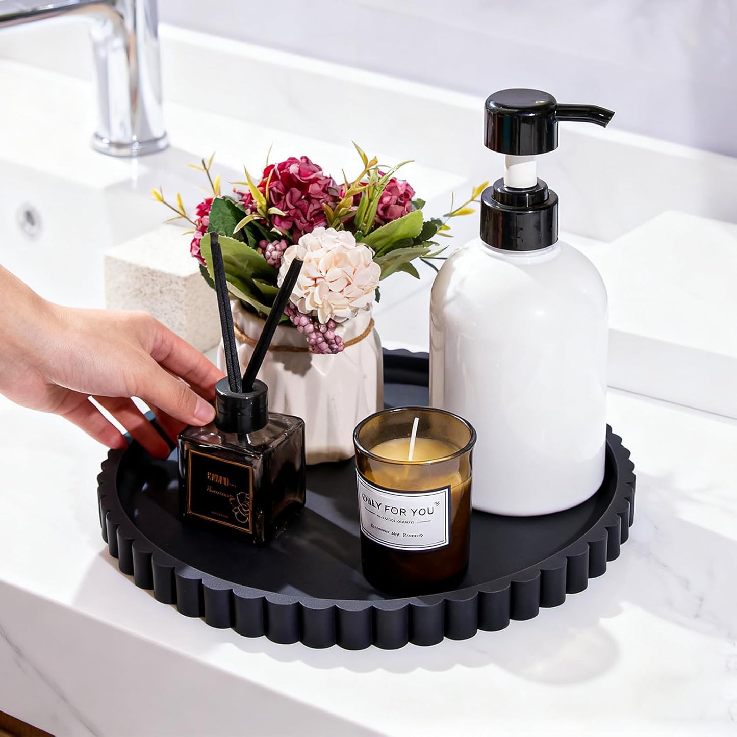 HighHerz Silicone Bathroom Countertop and Vanity Tray, Round Silicone Bathroom Tray, Modern Bathroom Decor, Coffee Table Decor, Decorative Tray for Candle, Perfume, Plants (Black, 9 inch)