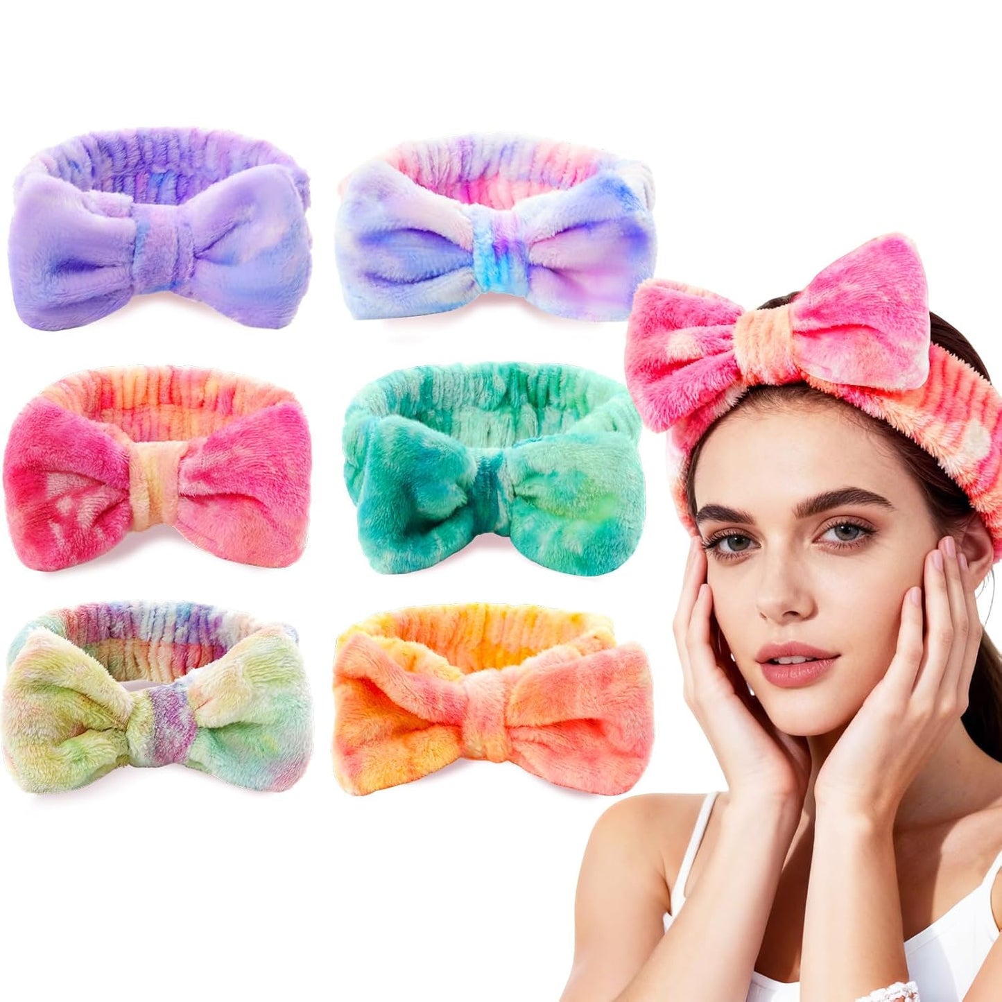 6 Pcs Spa Headbands for Washing Face | Skincare Headband with Removable Bow, Furry Face wash Headbands, Makeup Headbands for Women, Teen, Girls