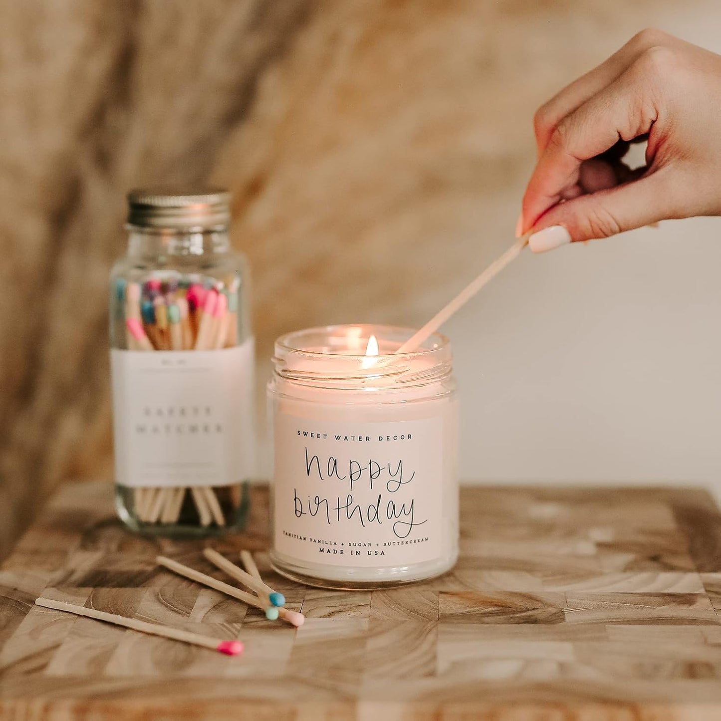 Sweet Water Decor 4" Rainbow Safety Matches - Glass Jar with Gold Lid | Approx. 60 Matches | Matchsticks | Home Decor | Candle Accessories | Apothecary Jars for Fireplace | Housewarming Gift