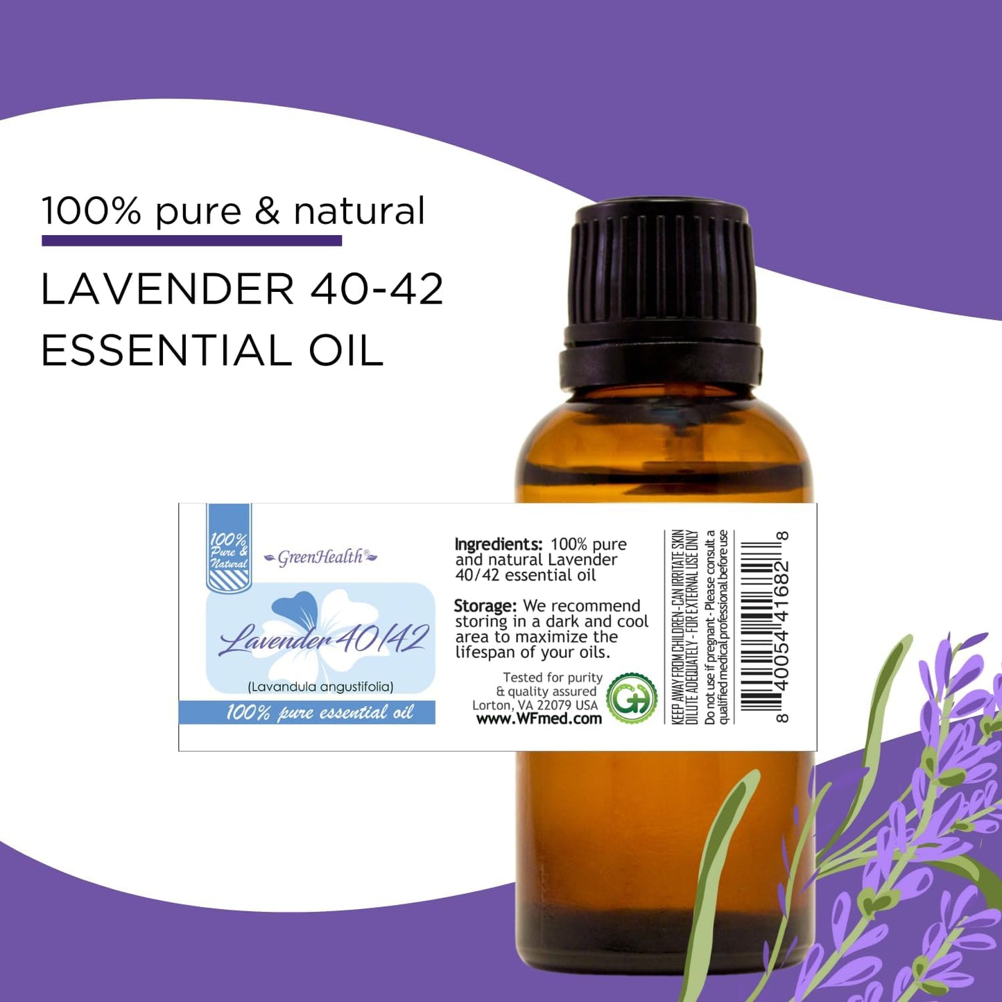 Lavender 40/42 Essential Oil – 8 fl oz (237 ml) Aluminum Bottle w/Plug Cap – 100% Pure Essential Oil – GreenHealth