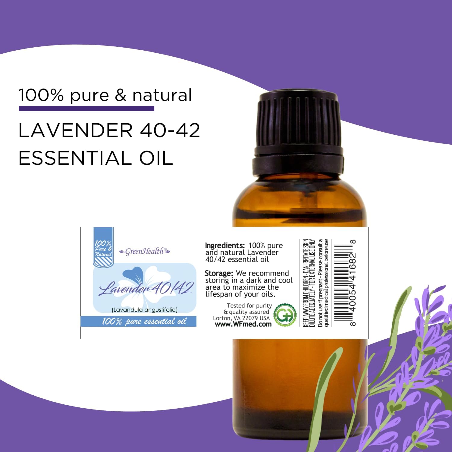 Lavender 40/42 Essential Oil – 8 fl oz (237 ml) Aluminum Bottle w/Plug Cap – 100% Pure Essential Oil – GreenHealth