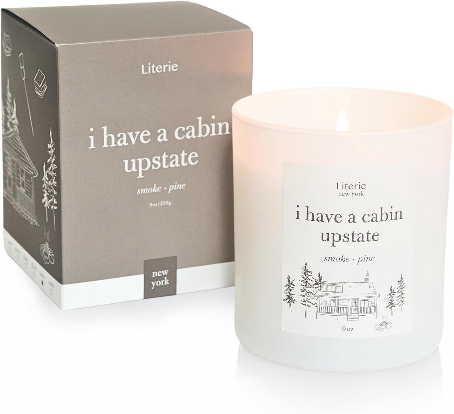 Literie NYC Inspired Scented Candle: I Have a Cabin in Upstate - Smoke & Pine Scent, 9oz, 50 Hour Burn, Vegan Soy & Coconut Blend Candle for Home Decor, Gift for Women & Men