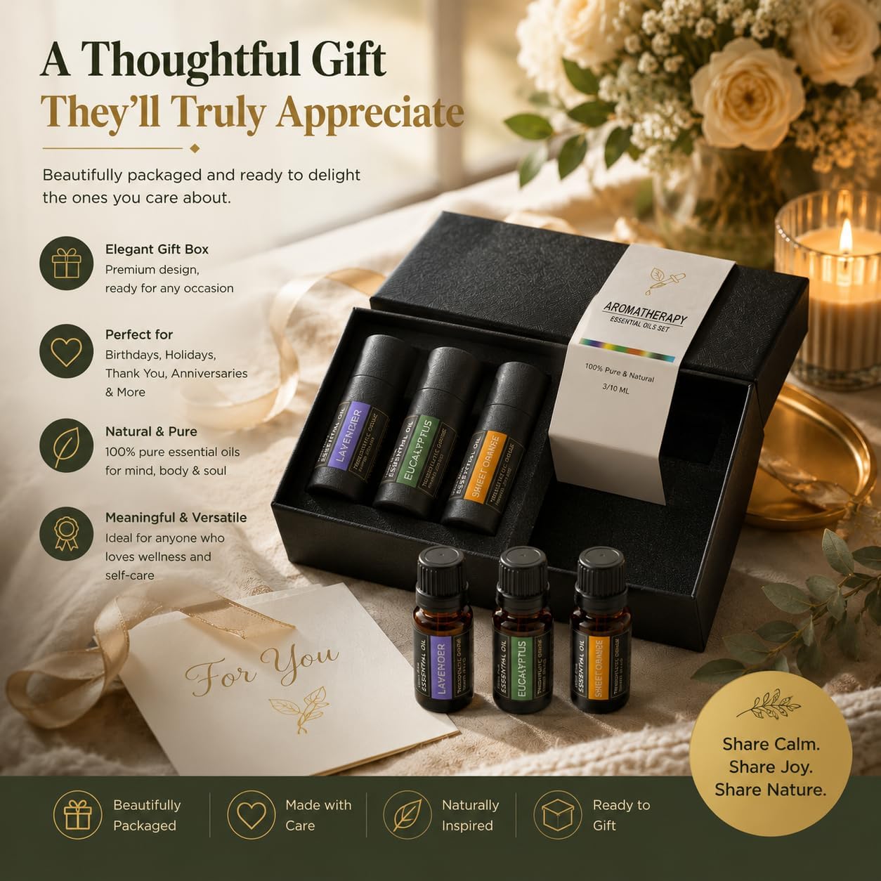 Essential Oils Gift Set - 3 x 10ml Lavender, Eucalyptus & Sweet Orange, 100% Pure Plant-Based Therapy for Car Aromatherapy，Diffusers, Humidifiers, Relaxation & Home Spa - The Serenity Trio