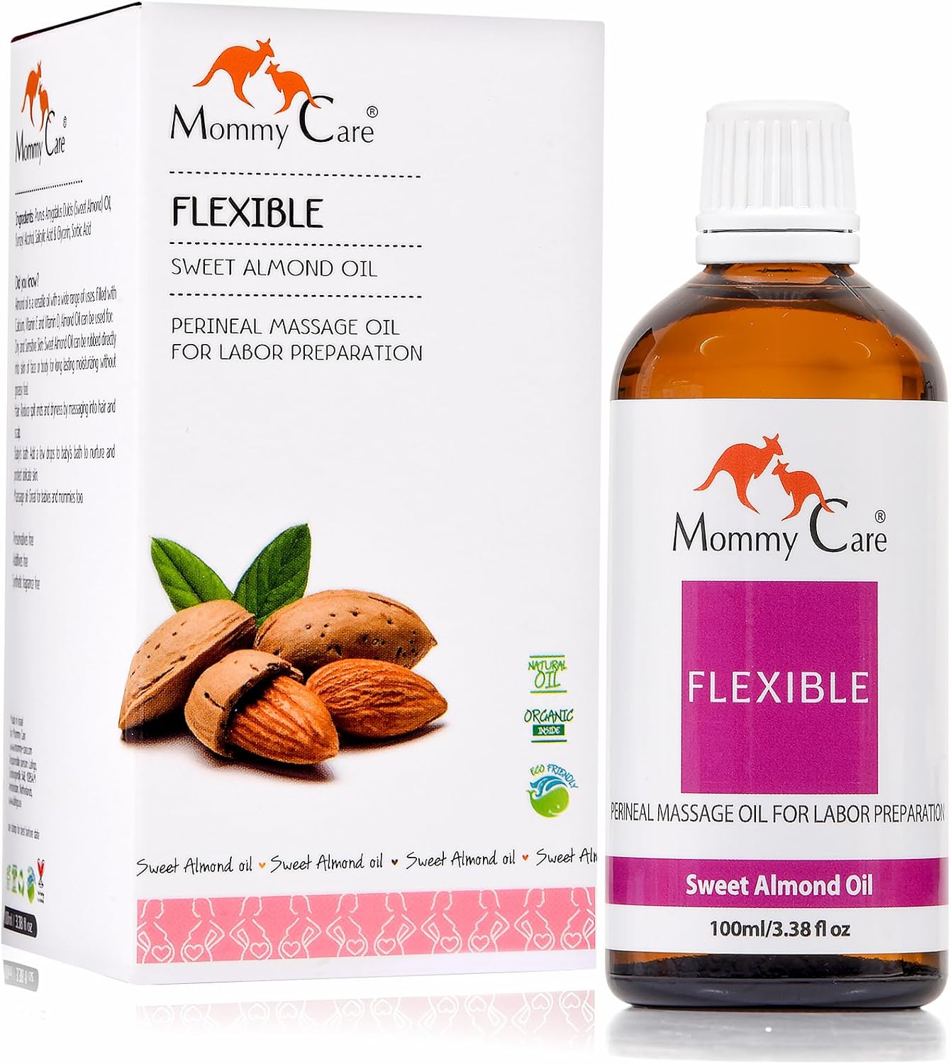 Mommy Care Perineal Massage Oil Labor Preparation, Flexible Perineal Massage Oil, Sweet Almond Oil for Pregnancy and Postpartum Recovery 100ml/3.38 fl.oz Organic All Natural