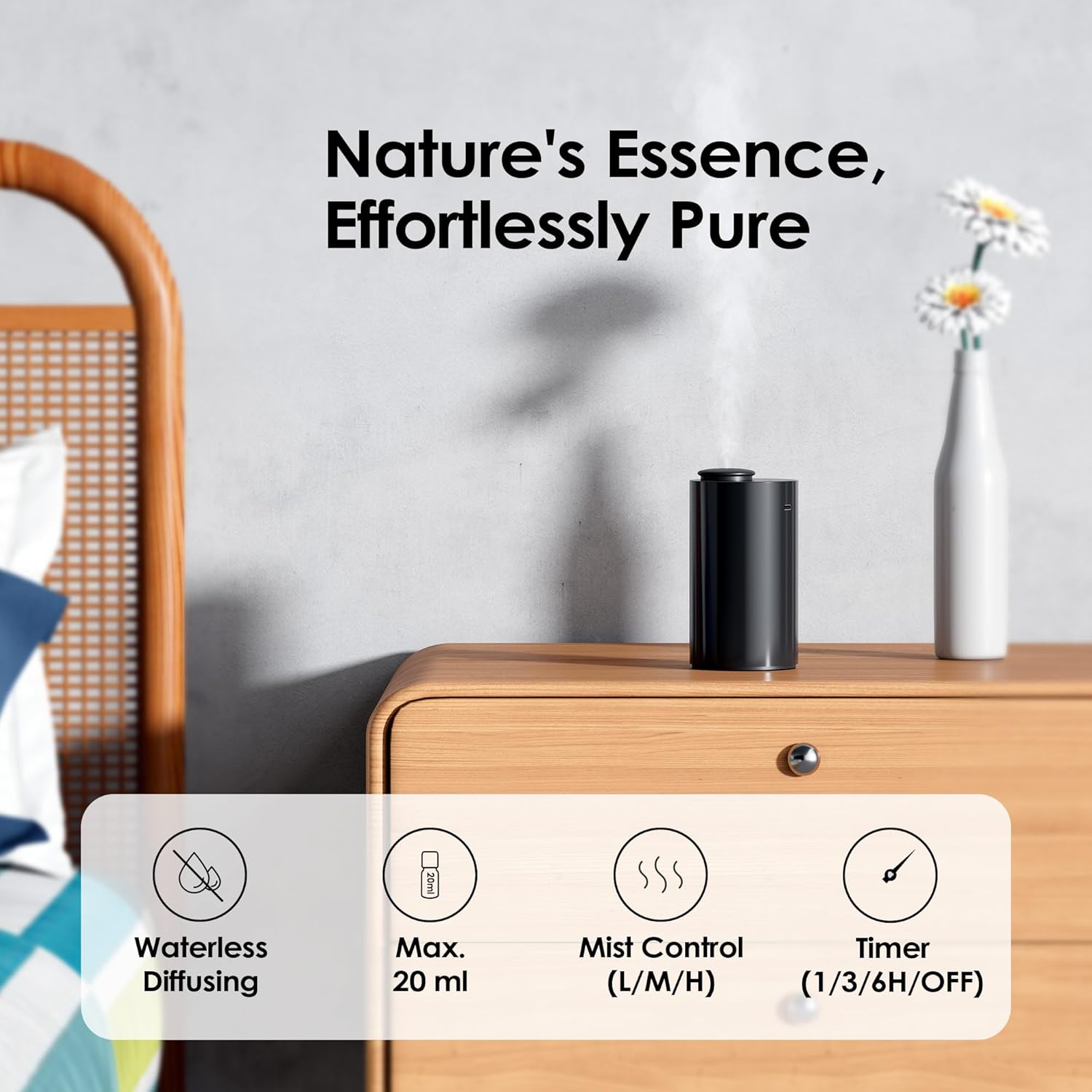 Airversa Waterless Essential Oil Diffuser Starter Kit with 30mL Hotel Fragrance Oil Inspired by Ritz-C., Battery Operated Car Diffuser, Portable Aroma Nebulizer for Home Car Office, AN6Kit-B, Black