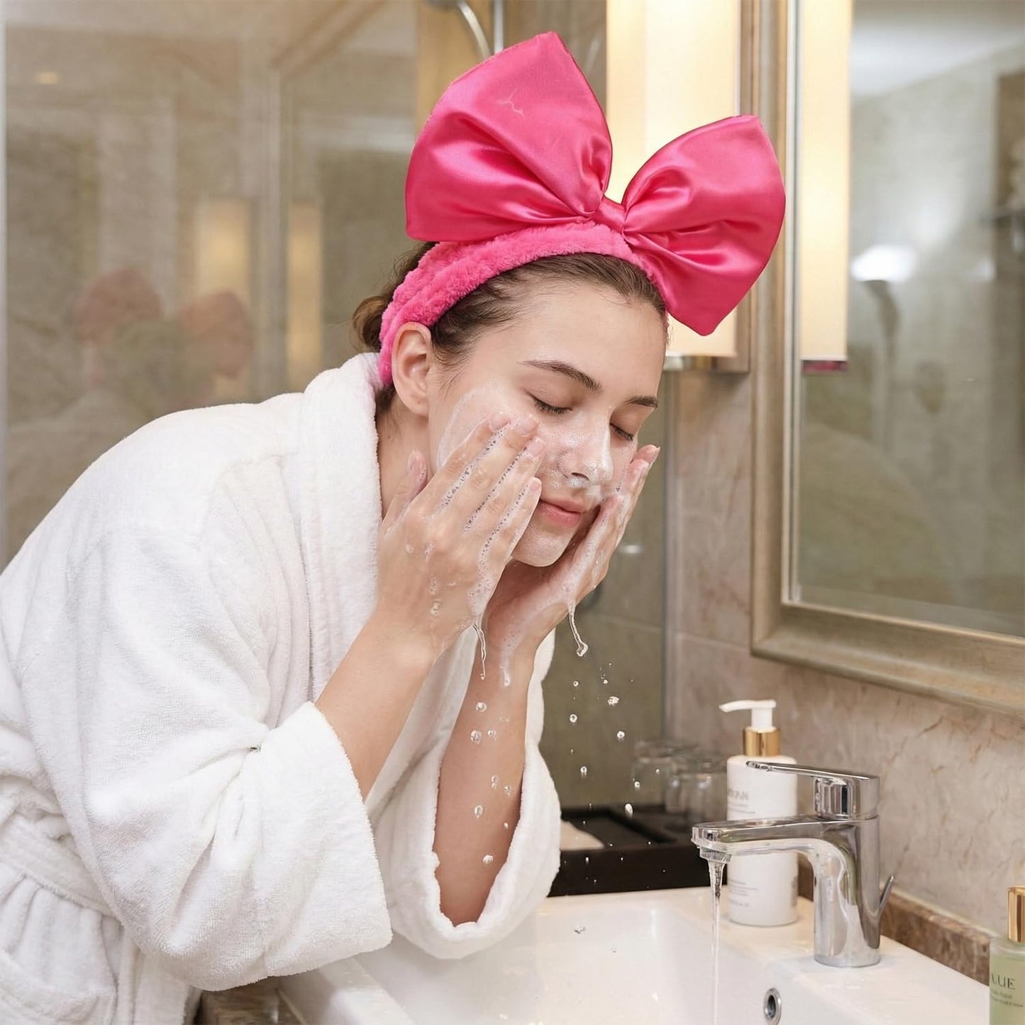 Large Satin Bow Facial Spa Headband, Facial Making Up Shower Skincare Hairband, Wash Face Headwrap for Women Girls
