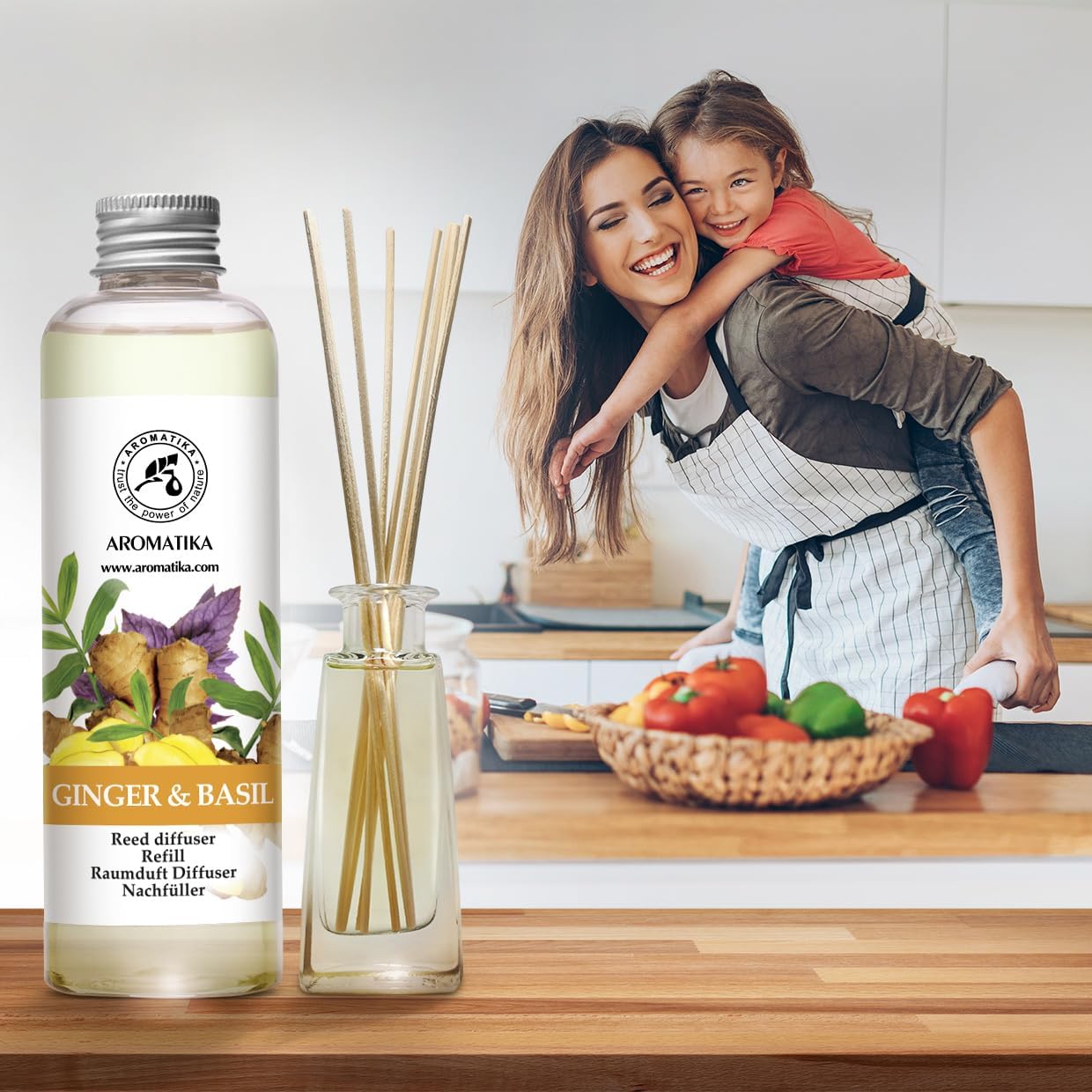 Reed Diffuser Refill Ginger & Basil 6.8 Fl Oz - Aroma Diffuser with Essential Ginger Oil - Fragrance Diffuser - Spicy and Fresh Fragrance - Natural Fragrance - Aromatherapy - Air Freshener
