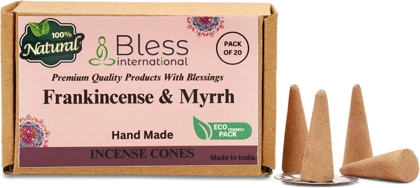 Bless International Frankincense-and-Myrrh 100%-Natural-Incense-Cones Handmade-Hand-Dipped Organic-Chemicals-Free for-Purification-Relaxation-Positivity-Yoga-Meditation The-Best-scents (20 Count)