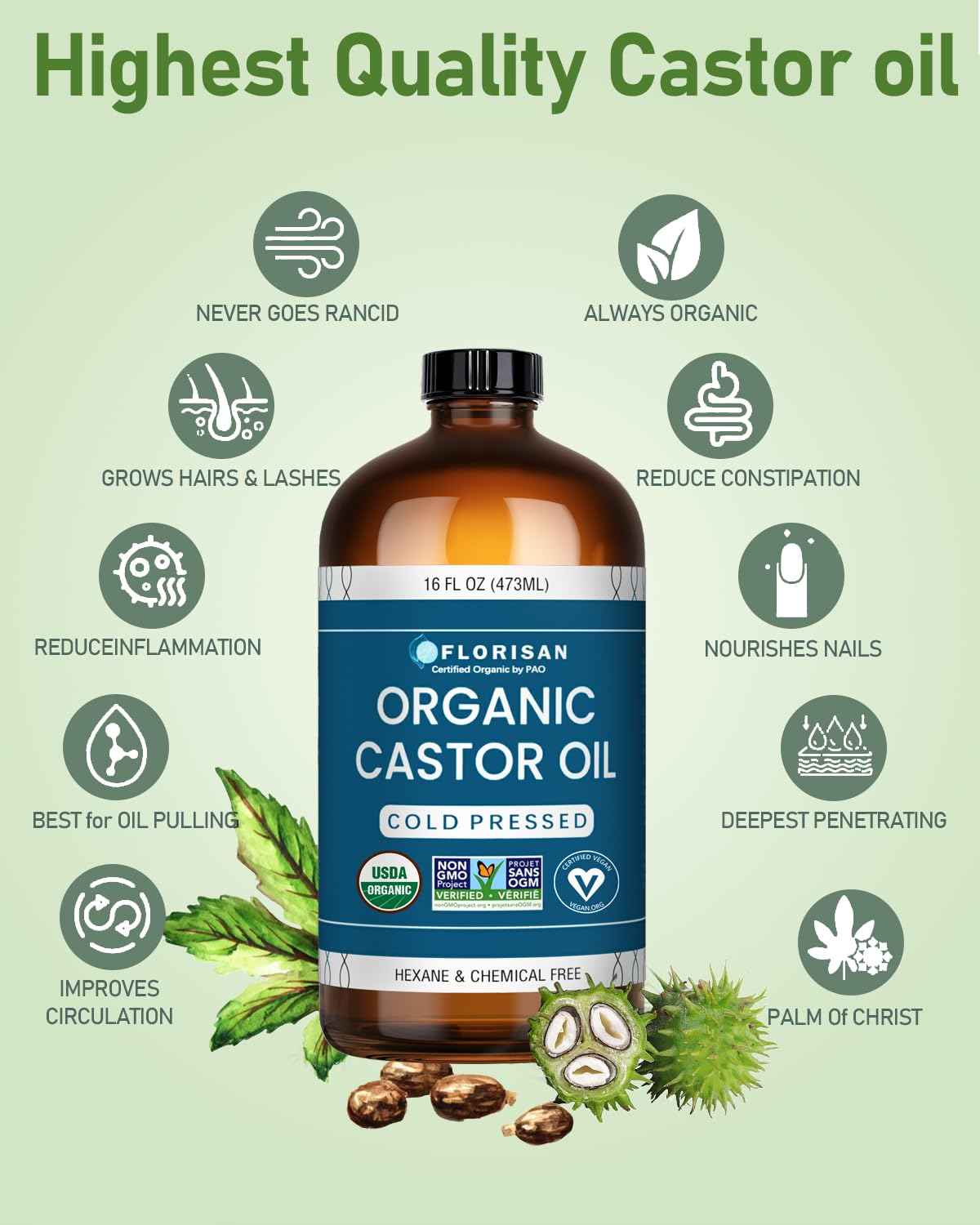Florisan USDA Certified Organic Castor Oil 16oz Glass Bottle, Cold Pressed, Hexane-Free, Non-GMO, Vegan, 100% Pure Castor Oil for Hair Growth, Skin, Lashes, Eyebrows, EWG Verified