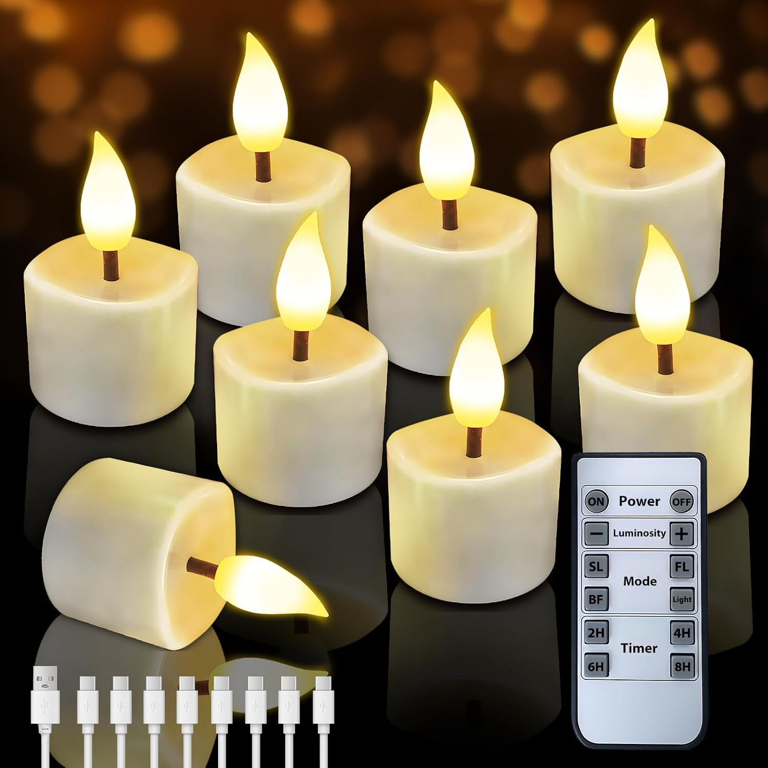 JNOEC Rechargeable Flickering Flameless Candles, 8 Pcs Fake Electric Tea Lights with Remote Control and Timer, Safe & Realistic Flame Effect LED Candles for Party, Wedding, Aniversary, Easter Decor
