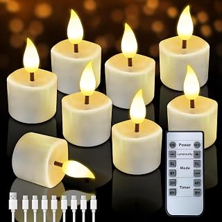 JNOEC Rechargeable Flickering Flameless Candles, 8 Pcs Fake Electric Tea Lights with Remote Control and Timer, Safe & Realistic Flame Effect LED Candles for Party, Wedding, Aniversary, Easter Decor