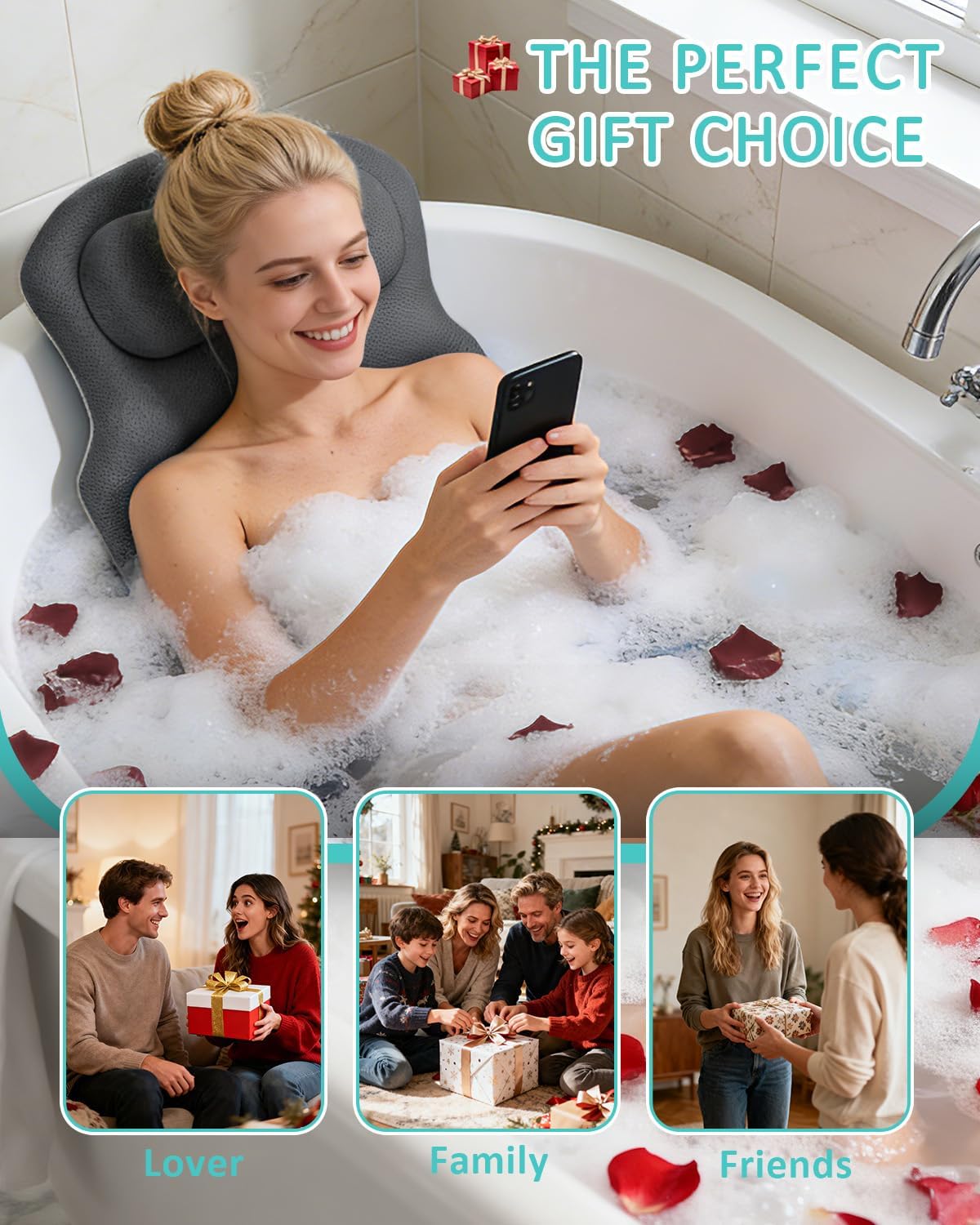 Full Body Bath Pillow for Bathtub, 5D Thick Tub Pillow for Bathtub with 192 Non-Slip Suction Cups, Laundry Bag & Hook, Bathtub Pillow for Head, Neck & Back Support (Gray, 51"*15")