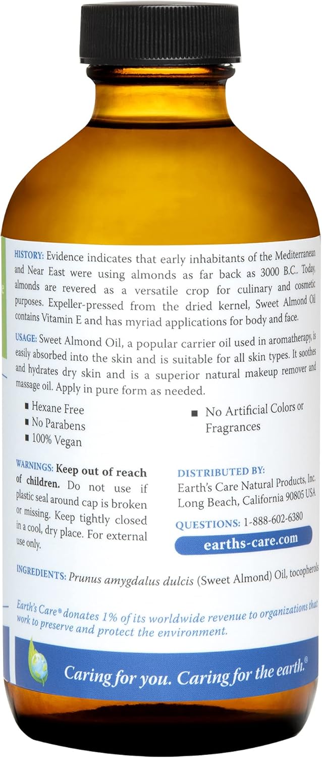 Earth’s Care Sweet Almond Oil - Expeller Pressed Almond Oil for Skin and Hair, Glass Bottle, Unscented, 8 FL. OZ.