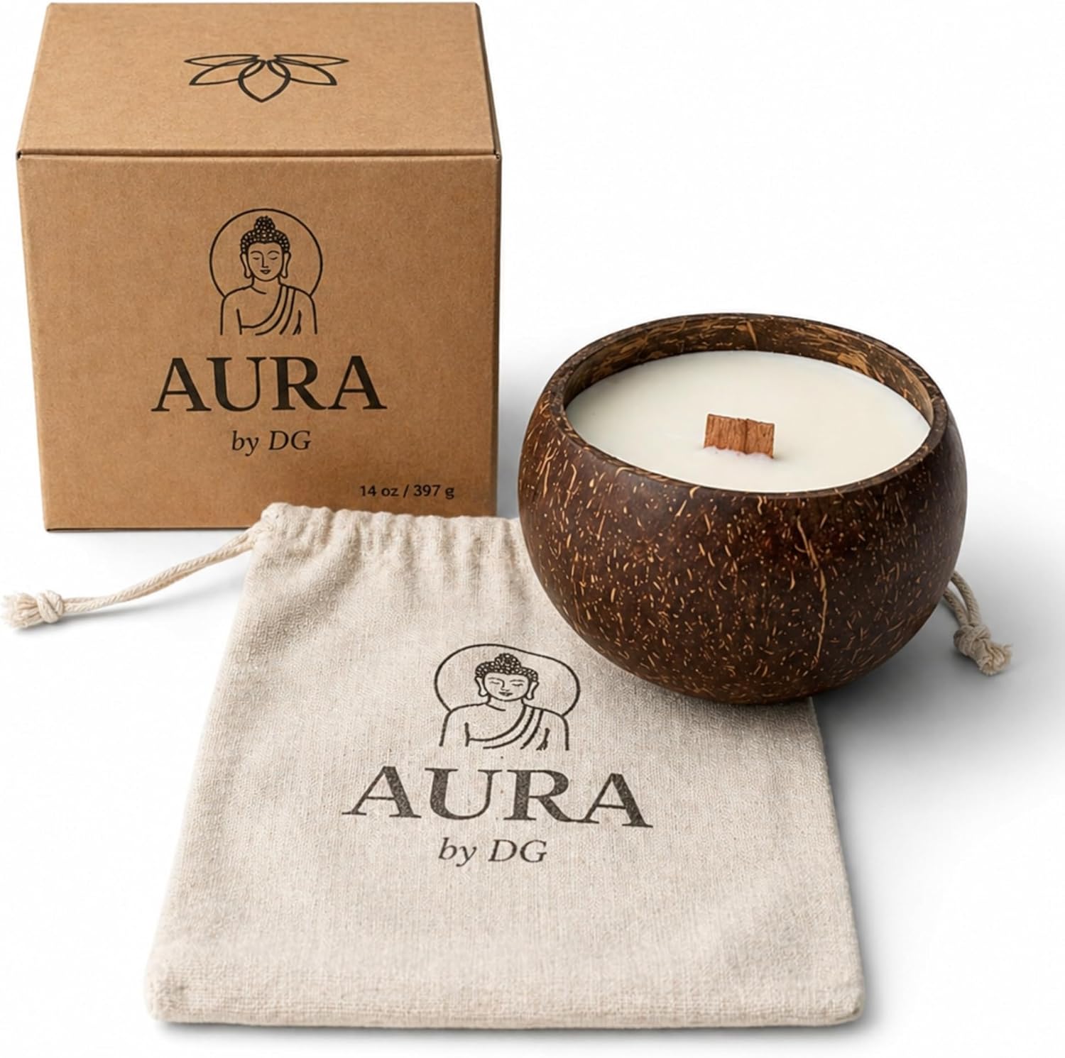 Coconut Soy Candle in Natural Coconut Bowl Wooden Wick – AURA by DG (Norway Forest)