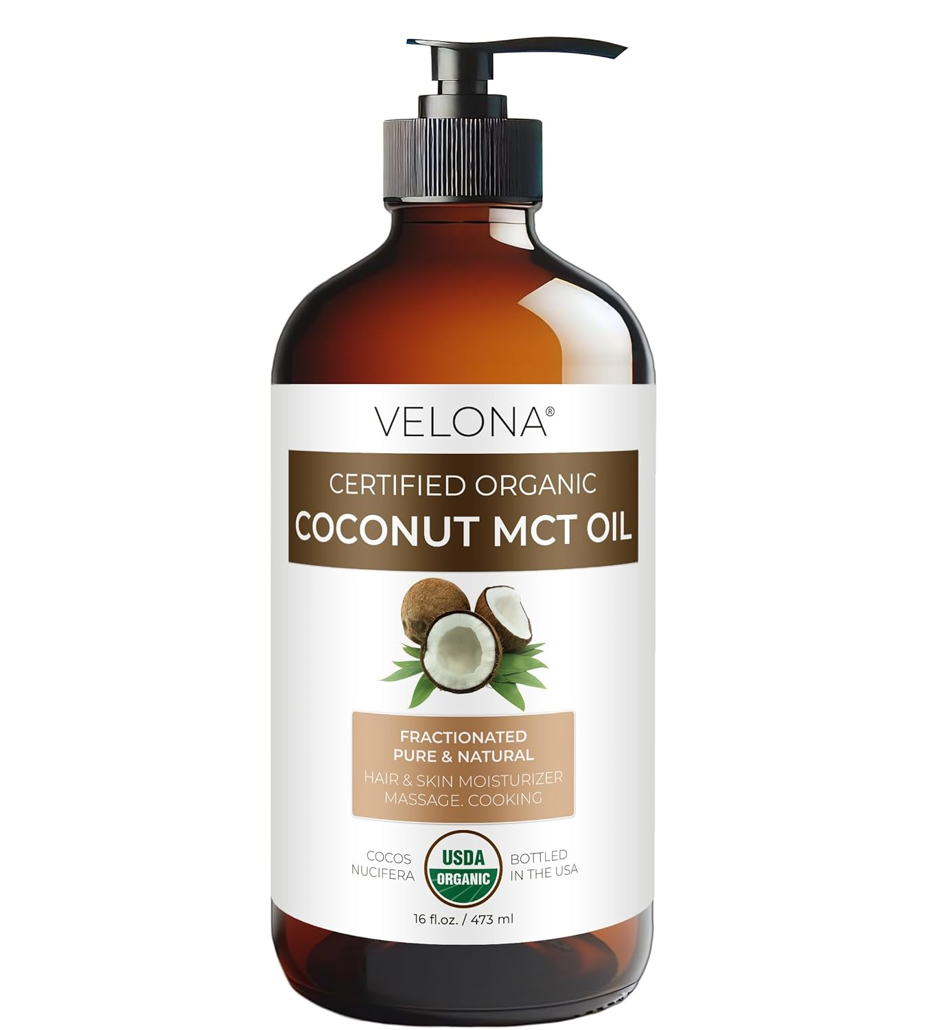 velona USDA Certified Organic MCT Coconut Oil - 16 fl oz in Glass Bottle | 100% from Coconut | Fractionated | Skin, Face, Body, Hair Care