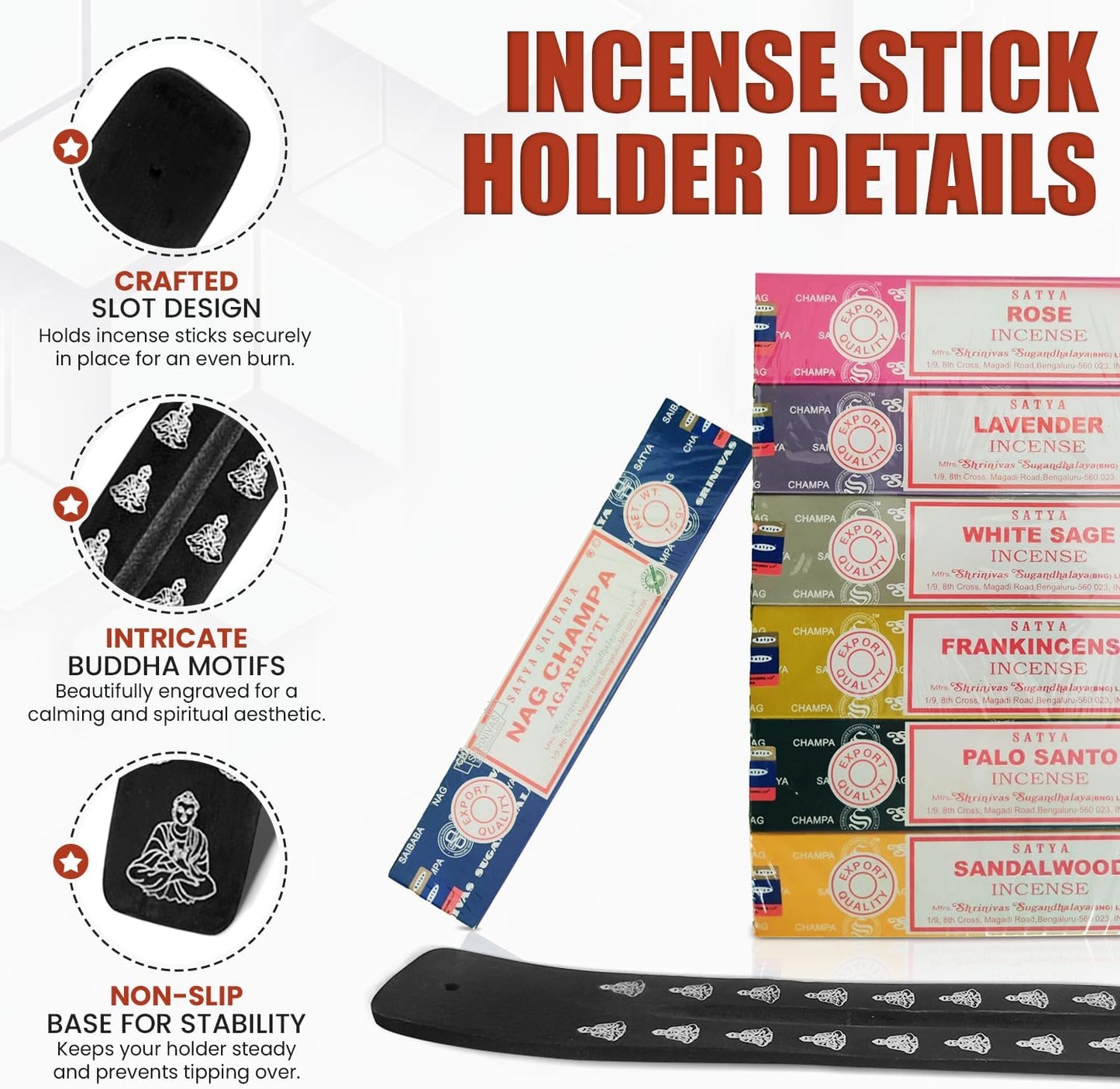 Incense Sticks Variety Pack with Wooden Holder | Nag Champa, Rose, Lavender, White Sage, Frankincense, Palo Santo & Sandalwood | Hand-Rolled Masala Incense
