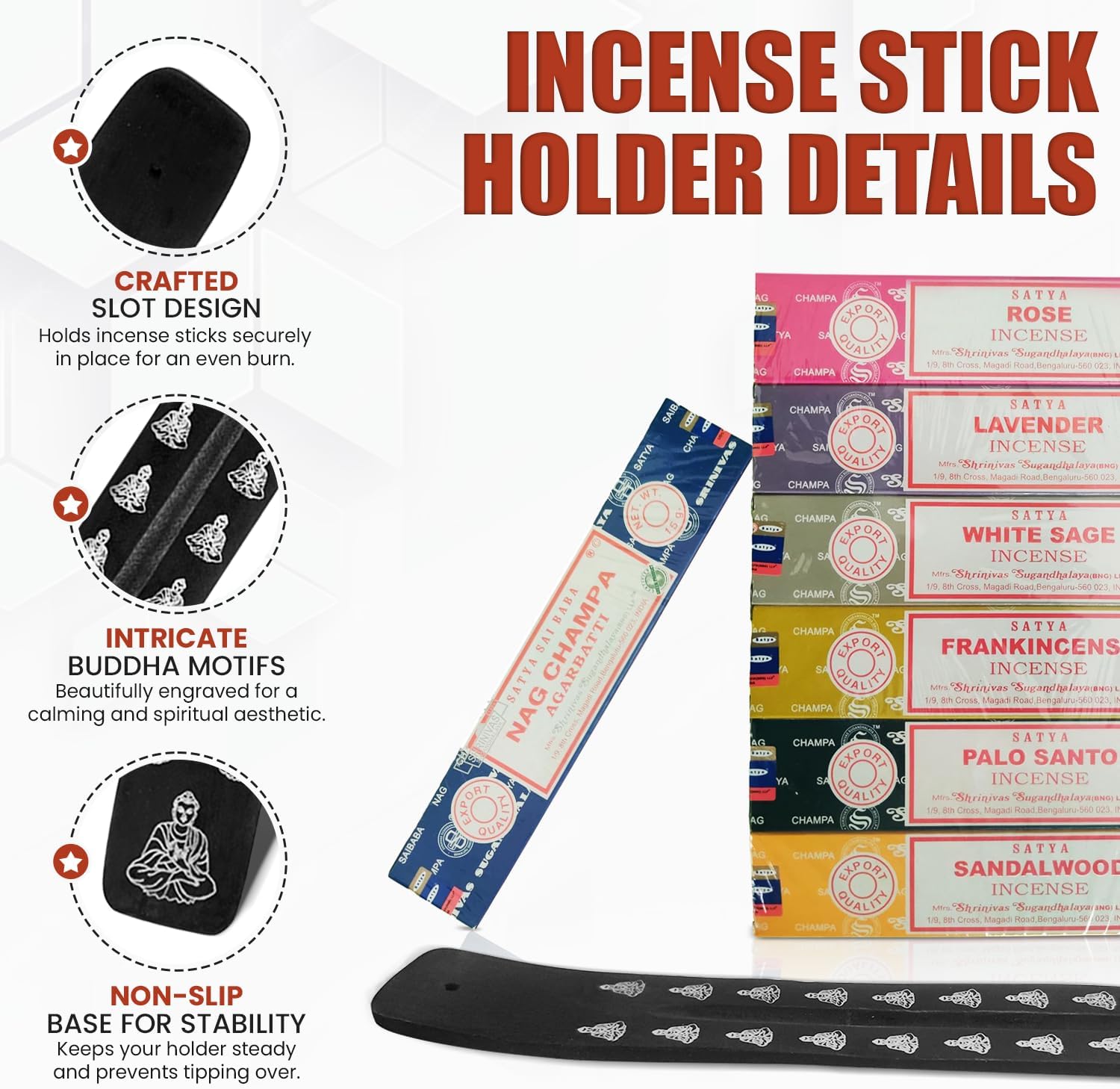 Incense Sticks Variety Pack with Wooden Holder | Nag Champa, Rose, Lavender, White Sage, Frankincense, Palo Santo & Sandalwood | Hand-Rolled Masala Incense