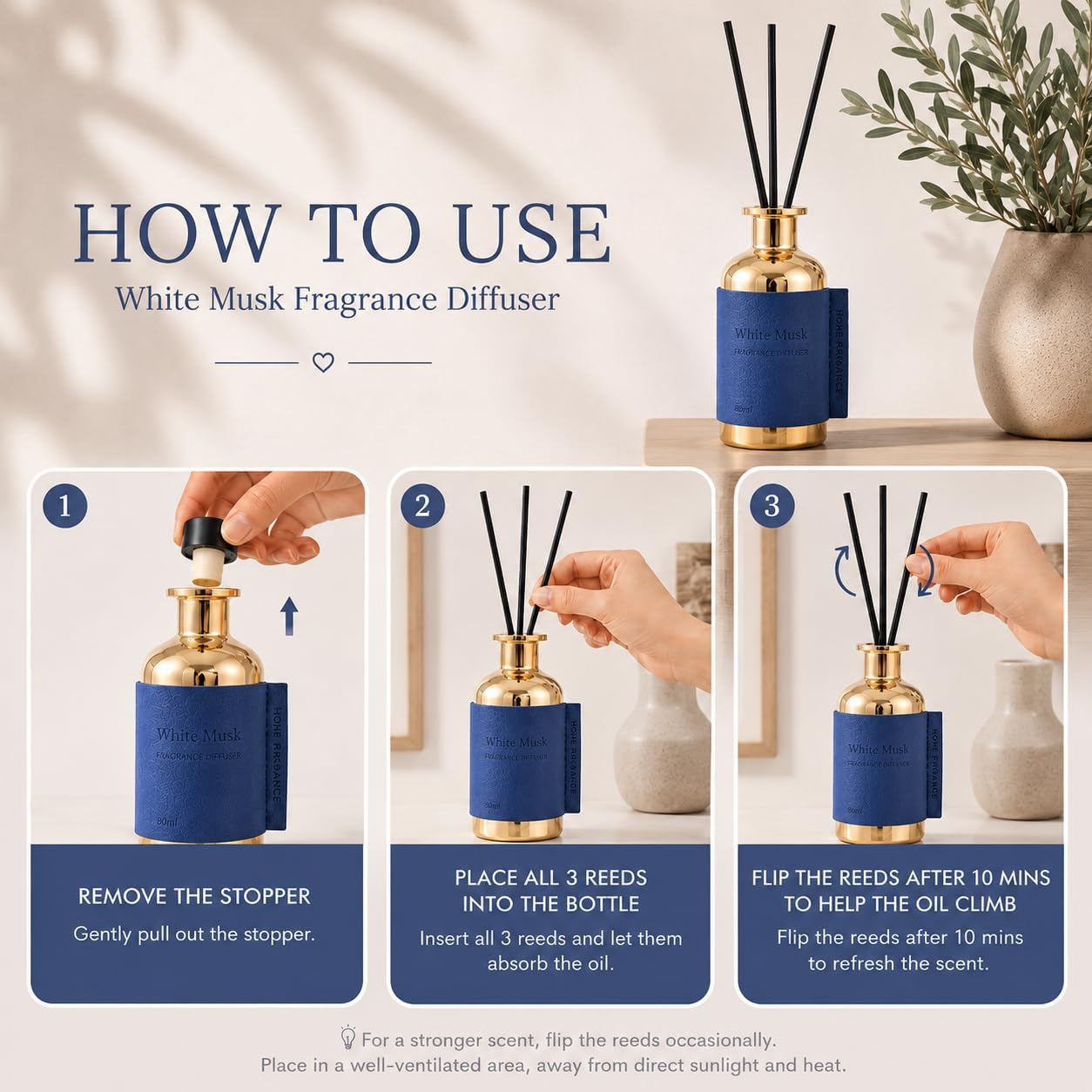 Reed Diffuser Set, White Musk / 2.7oz / Reed Diffusers for Home Fragrance – Natural Essential Oil Blend for Small Bathroom Decor, Aromatherapy Gift
