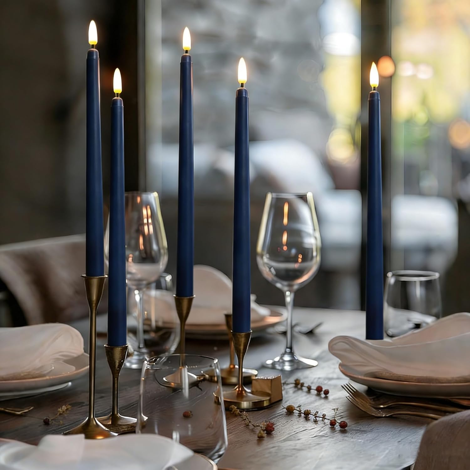 Navy Blue Flameless Taper Candles with Remote Timer, Flickering Battery Operated LED Candlesticks Home Decor Set of 12