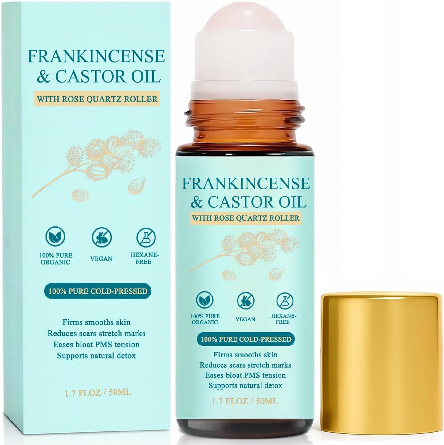 Frankincense and Castor Oil Rose Quartz Roller – Organic Cold-Pressed Castor Oil Roll-On with Removable Rose Quartz | Firms Smooths Skin, Brightens Eyes, Reduces Scars Stretch Marks 1.7FLOZ