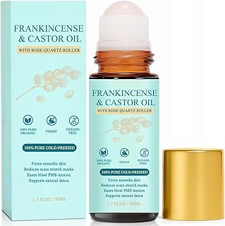 Frankincense and Castor Oil Rose Quartz Roller – Organic Cold-Pressed Castor Oil Roll-On with Removable Rose Quartz | Firms Smooths Skin, Brightens Eyes, Reduces Scars Stretch Marks 1.7FLOZ