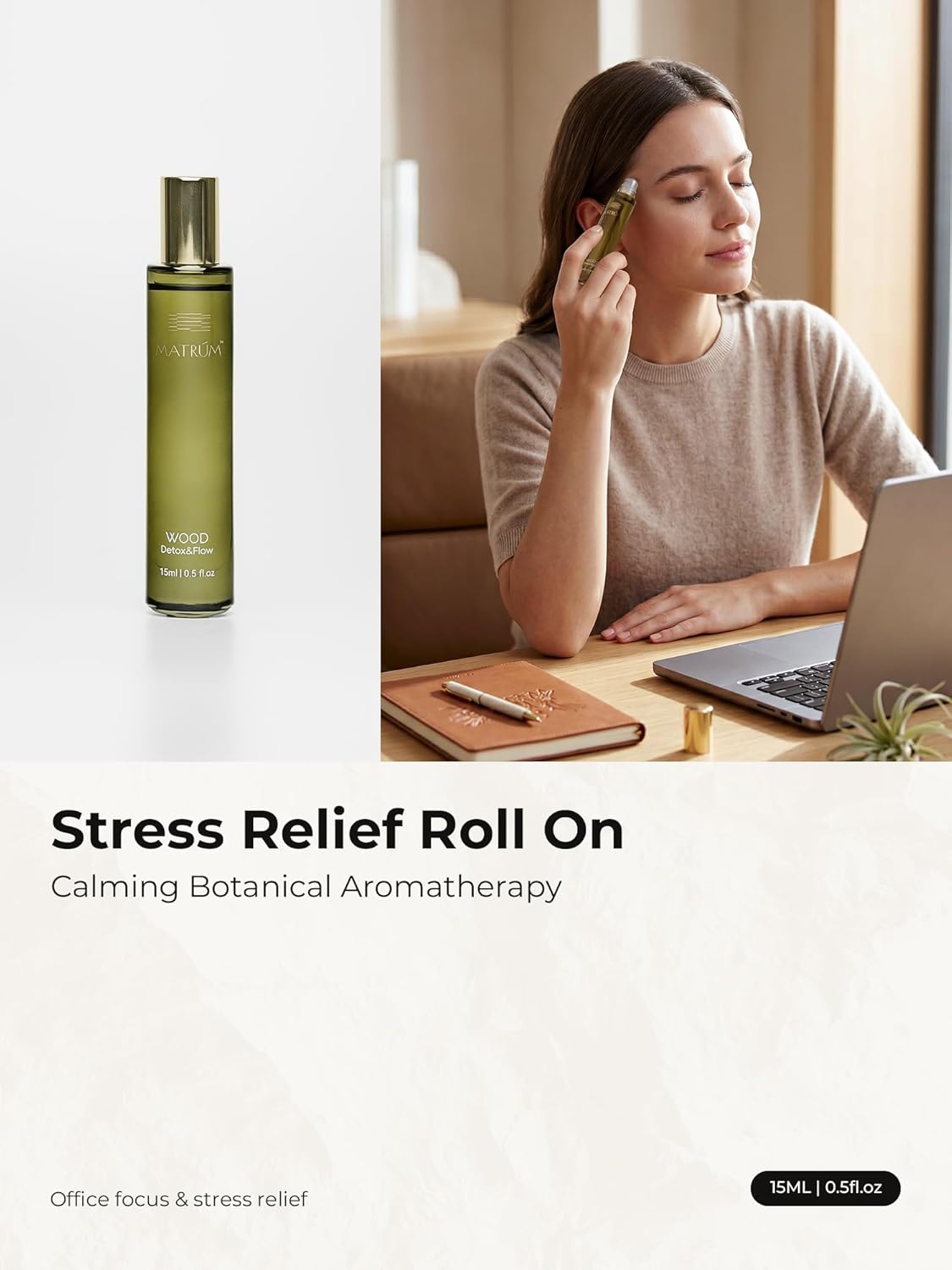 Stress Relief Essential Oil Roll-On, Woody Aromatherapy Roller, Botanical Blend with Pine, Lavender & Sandalwood, Portable Wellness Ritual, 15ml
