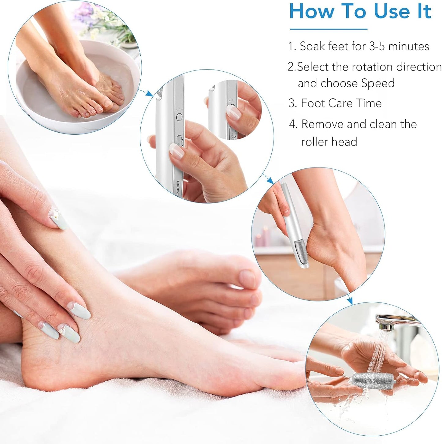 LINKEVAP Electric Callus Remover for Feet, Professional Pedicure Kit Foot Scrubber for Dry, Dead, Cracked, Hard Skin, at Home Feet Spa Care Kit for Men & Women (Cold White)