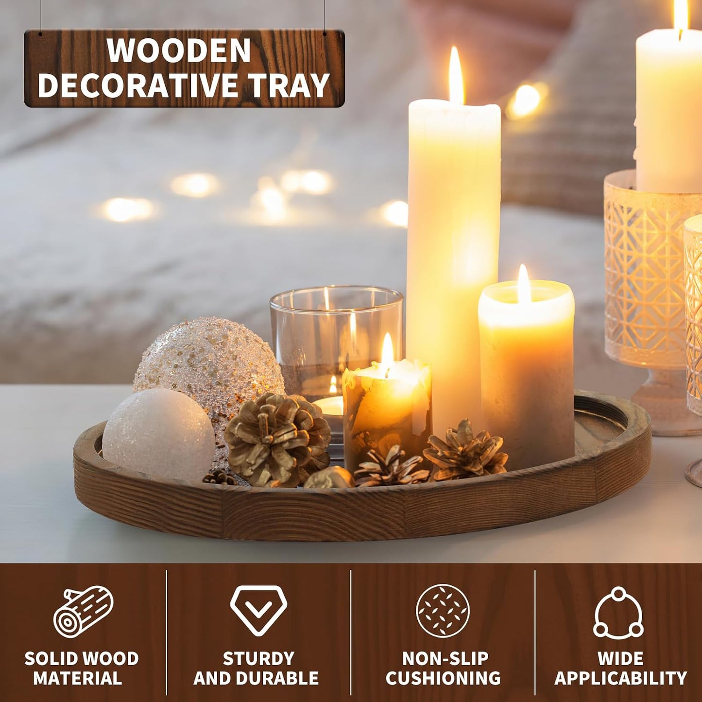 DEBETOOL Round Wooden Decorative Tray for Decor - Rustic Farmhouse Coffee Table Tray, Handmade Candle Holder Plate for Christmas Table Decorations and Centerpiece