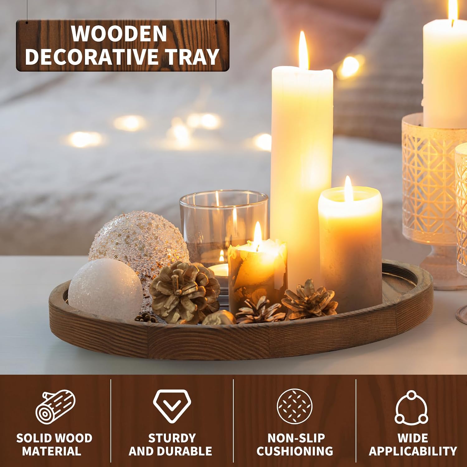 DEBETOOL Round Wooden Decorative Tray for Decor - Rustic Farmhouse Coffee Table Tray, Handmade Candle Holder Plate for Christmas Table Decorations and Centerpiece