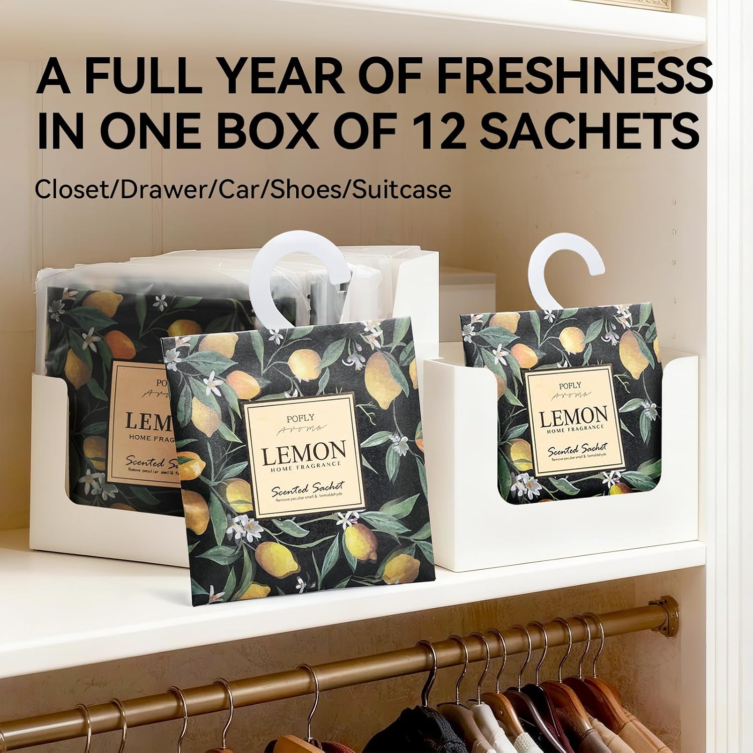 12 Pack Lemon Scented Sachets, Long-Lasting Fresh Scent, Air Freshener for Closet & Drawers, Hanging Deodorizer for Home