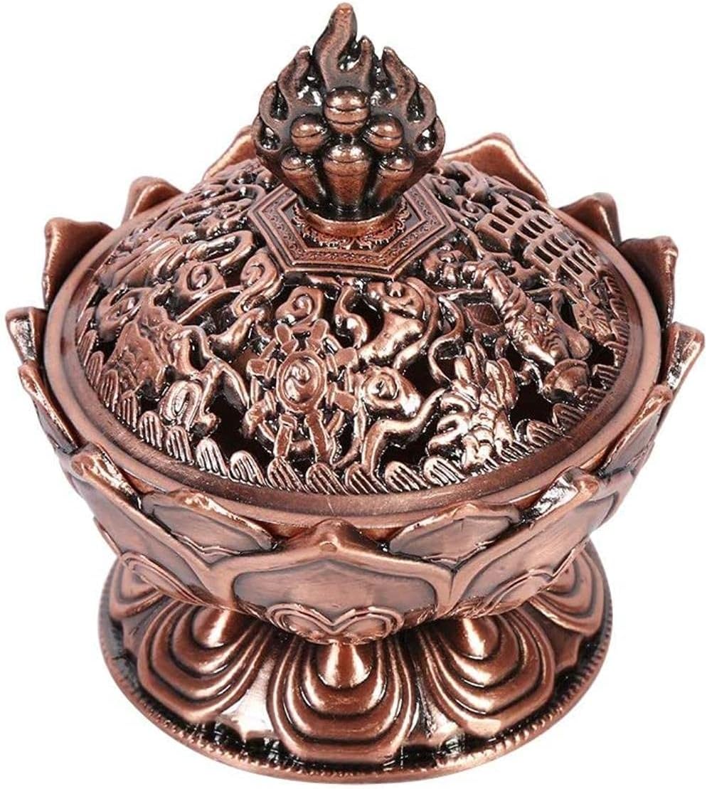 Incense Burner, Bronze Antique Chinese Asian Style Lotus Flower Incense Burner Pot Backflow Smoke Incense Burner Stick Cone Holder Zen Buddha Buddhist Meditation Decor Gift Set(Red Bronze)