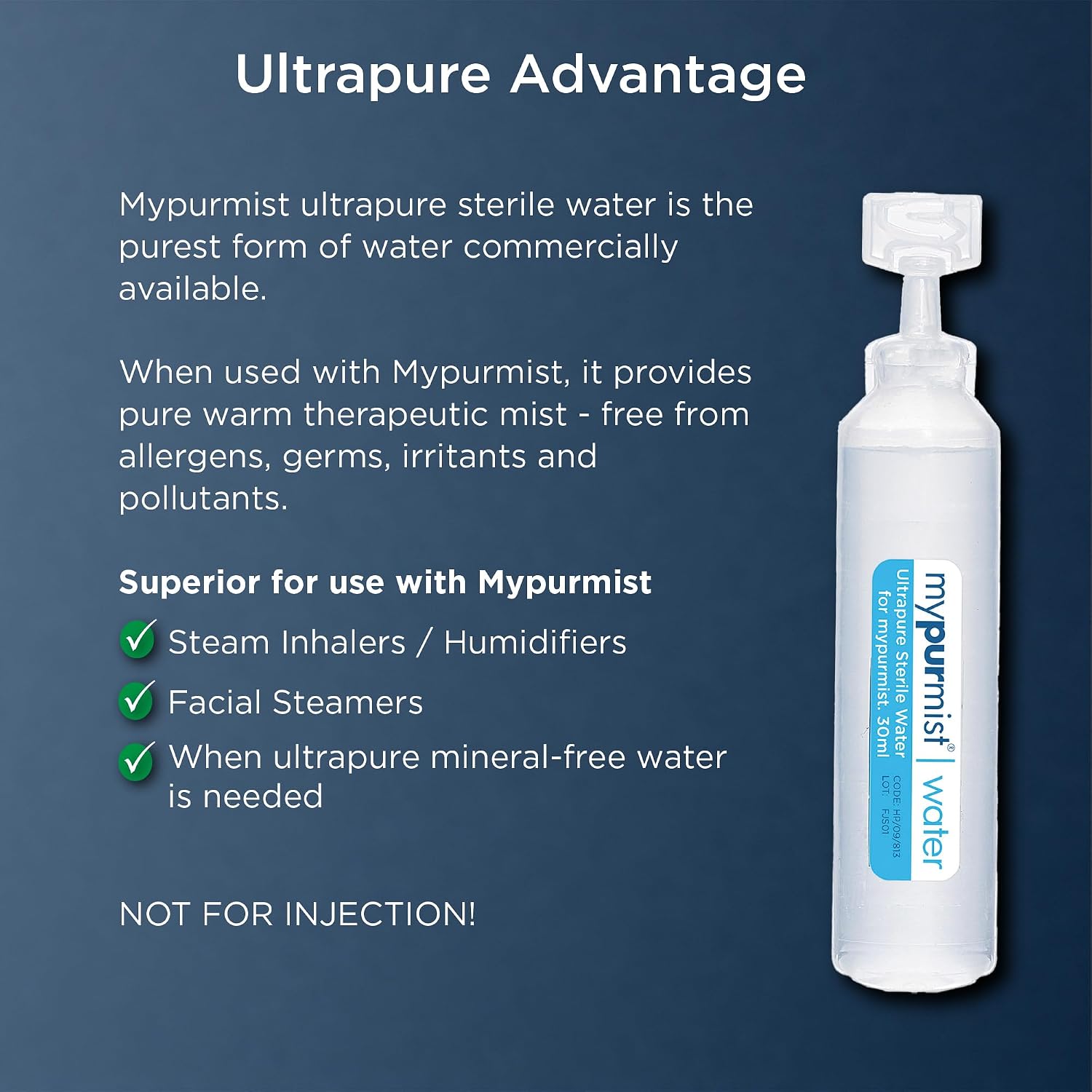 Mypurmist Ultrapure Sterile Water Refills for Steam Inhalers and Facial Steamers, Double Distilled, Sealed Refills, Box of 20 x 30 ml (600ml)