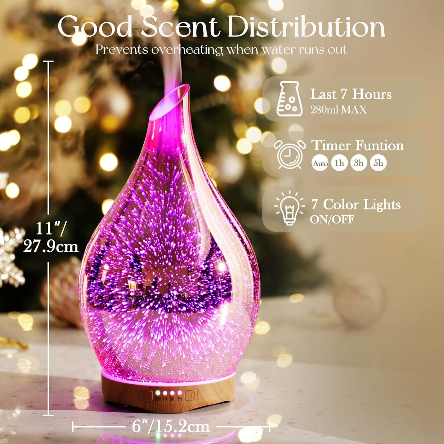Porseme 280ml Essential Oil Diffuser, 3D Glass Aromatherapy Diffusor, Ultrasonic Cool Mist BPA Free Aroma Humidifier with Timer and Color Changing Function, Waterless Shut-Off for Home Office Room