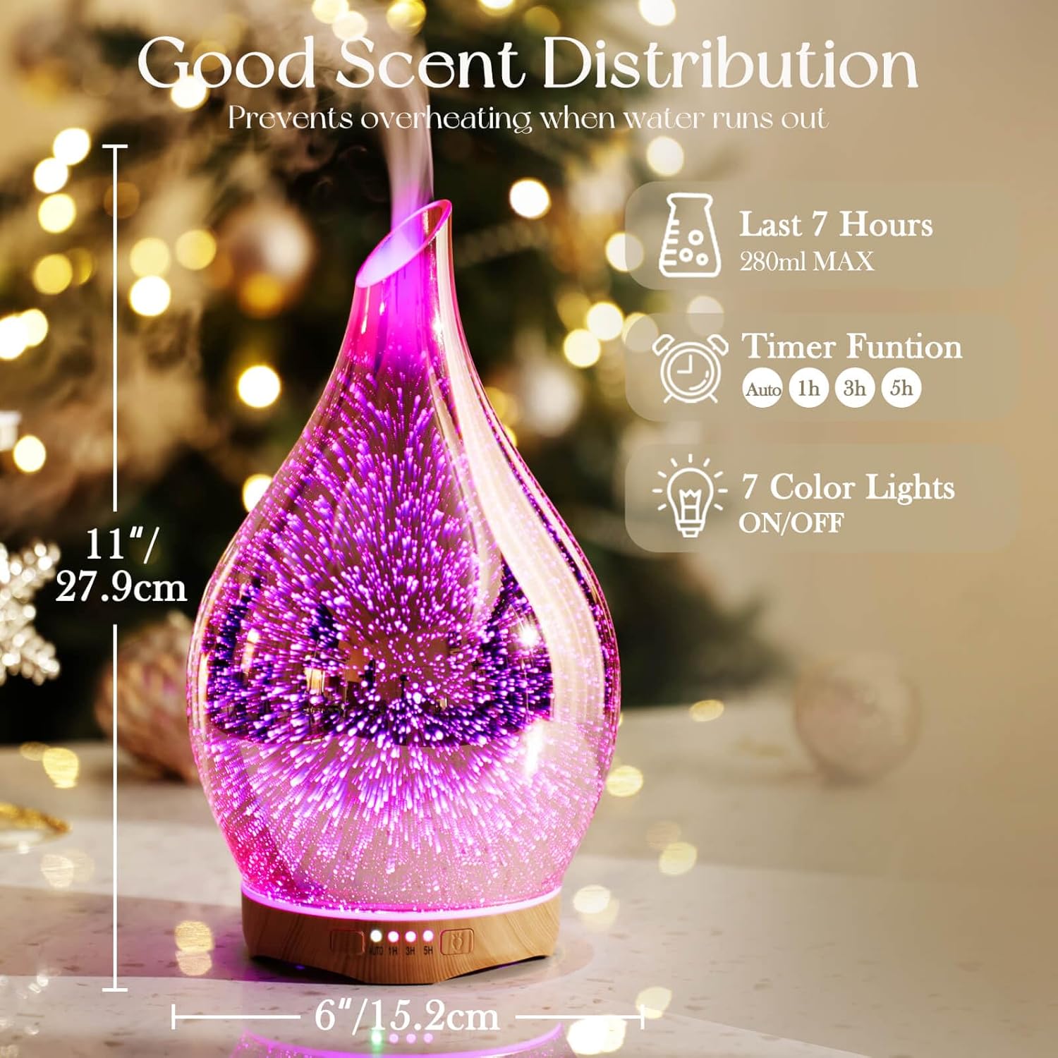 Porseme 280ml Essential Oil Diffuser, 3D Glass Aromatherapy Diffusor, Ultrasonic Cool Mist BPA Free Aroma Humidifier with Timer and Color Changing Function, Waterless Shut-Off for Home Office Room