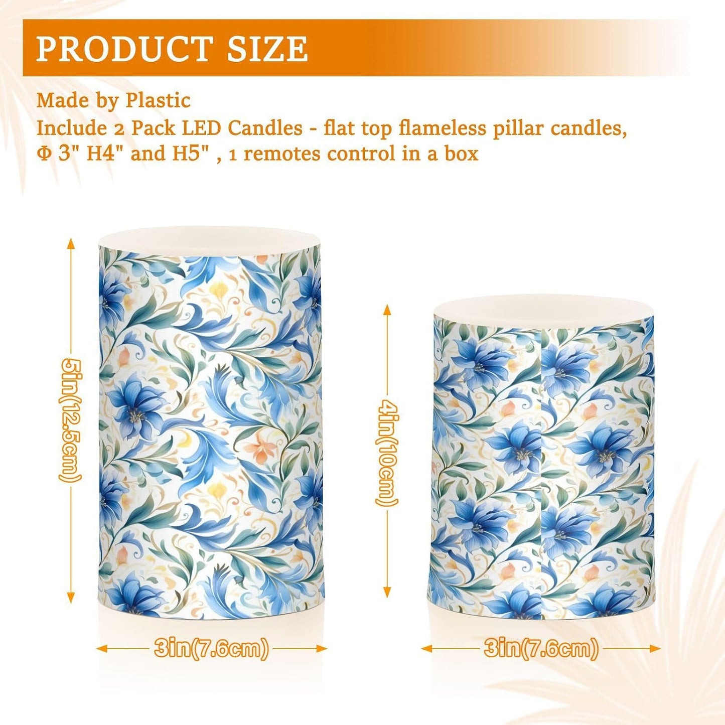 ALAZA Flowers Floral Blue Flickering Flameless Candles Battery Operated with Remote Timer,Tea Light Candles LED Pillar Votive Candles Set of 2 for Outdoor Indoor Decorations