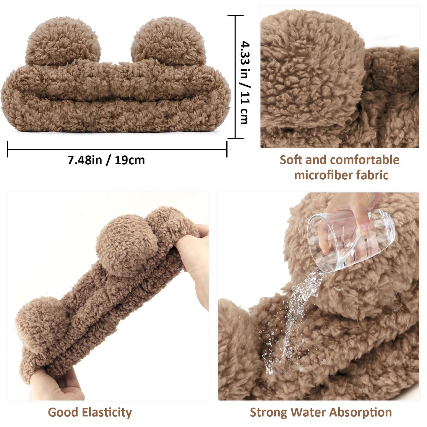 Atoden Bear Ears Spa Wristband Set - Cute Animal Skincare Headband for Washing Face - Fluffy Elastic Face Wash Hair Band for Women & Girls - Trendy Brown
