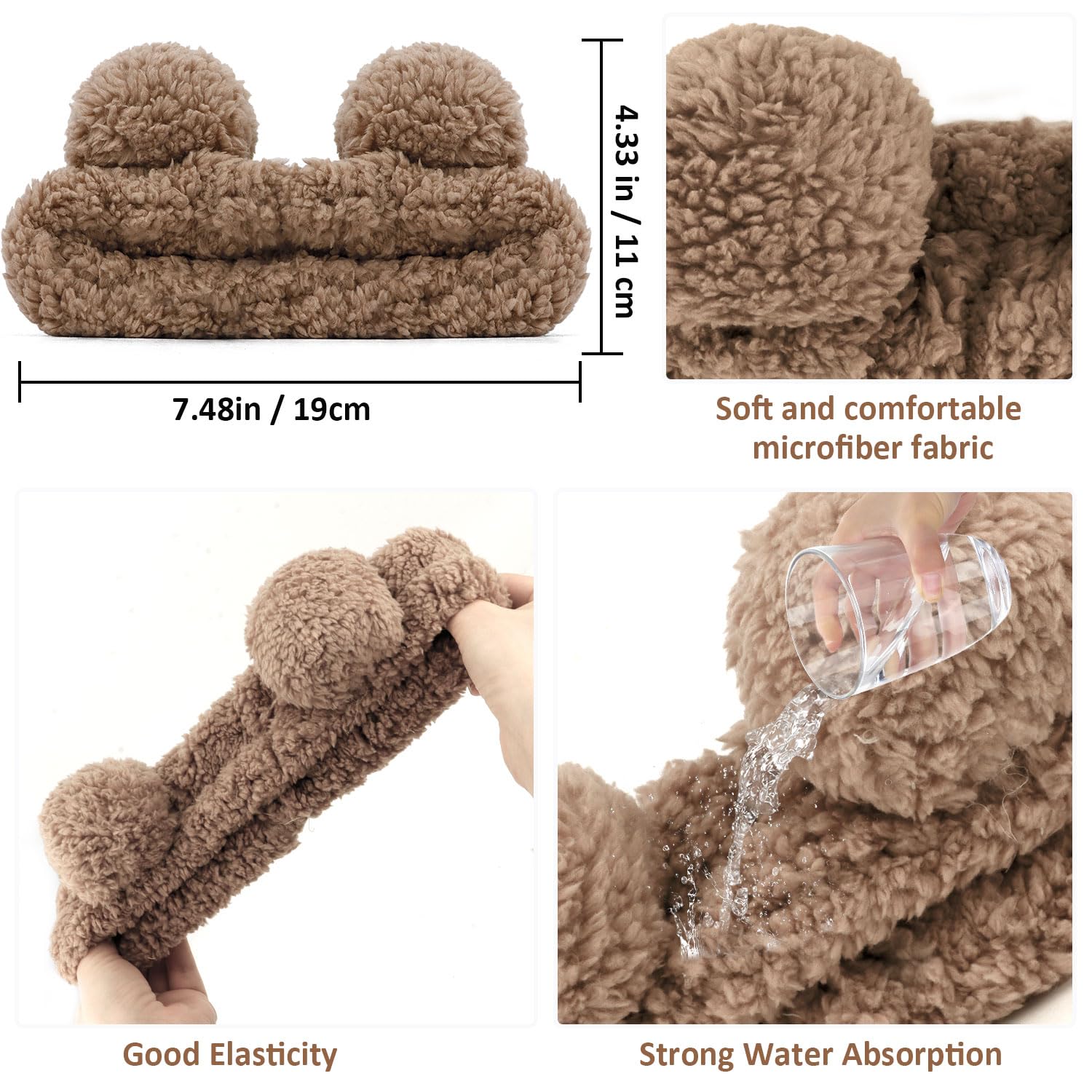 Atoden Bear Ears Spa Wristband Set - Cute Animal Skincare Headband for Washing Face - Fluffy Elastic Face Wash Hair Band for Women & Girls - Trendy Brown