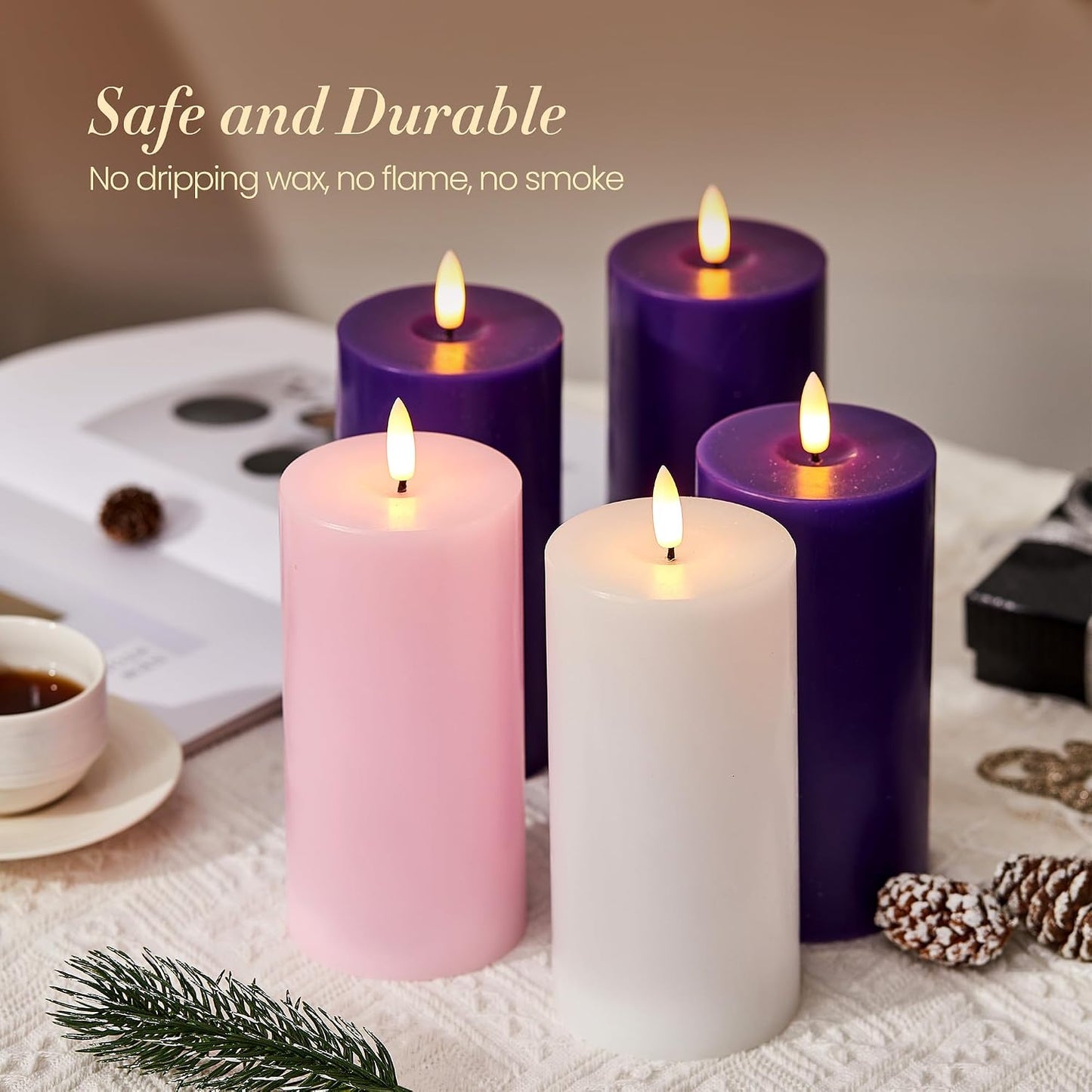 Pillar Advent Candles Set of 5, Battery Operated Advent Candle Set with Remote and Timer, 3x6 Pink and Purple Pillar Candle Set, Flameless Advent Candles for Advent Wreath Pillar Candle Holder
