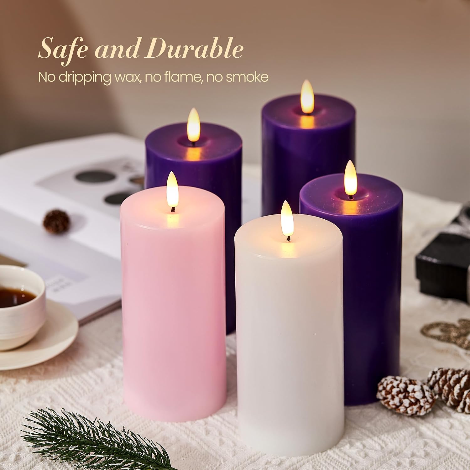 Pillar Advent Candles Set of 5, Battery Operated Advent Candle Set with Remote and Timer, 3x6 Pink and Purple Pillar Candle Set, Flameless Advent Candles for Advent Wreath Pillar Candle Holder