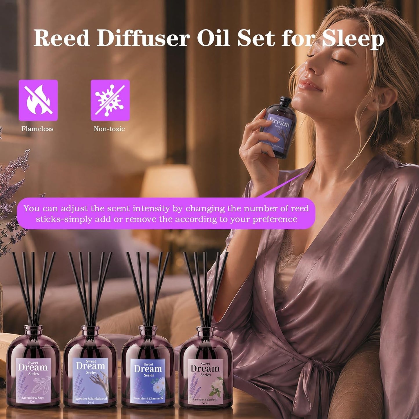SCENTORINI Reed Diffuser Set for Sleep, Relax, 4 * 1.69oz, Natural Lavender Essential Oil Diffuser, Scented Reed Diffuser, Home Fragrance for Room Spa Bedroom Bathroom Hotel Home Decor