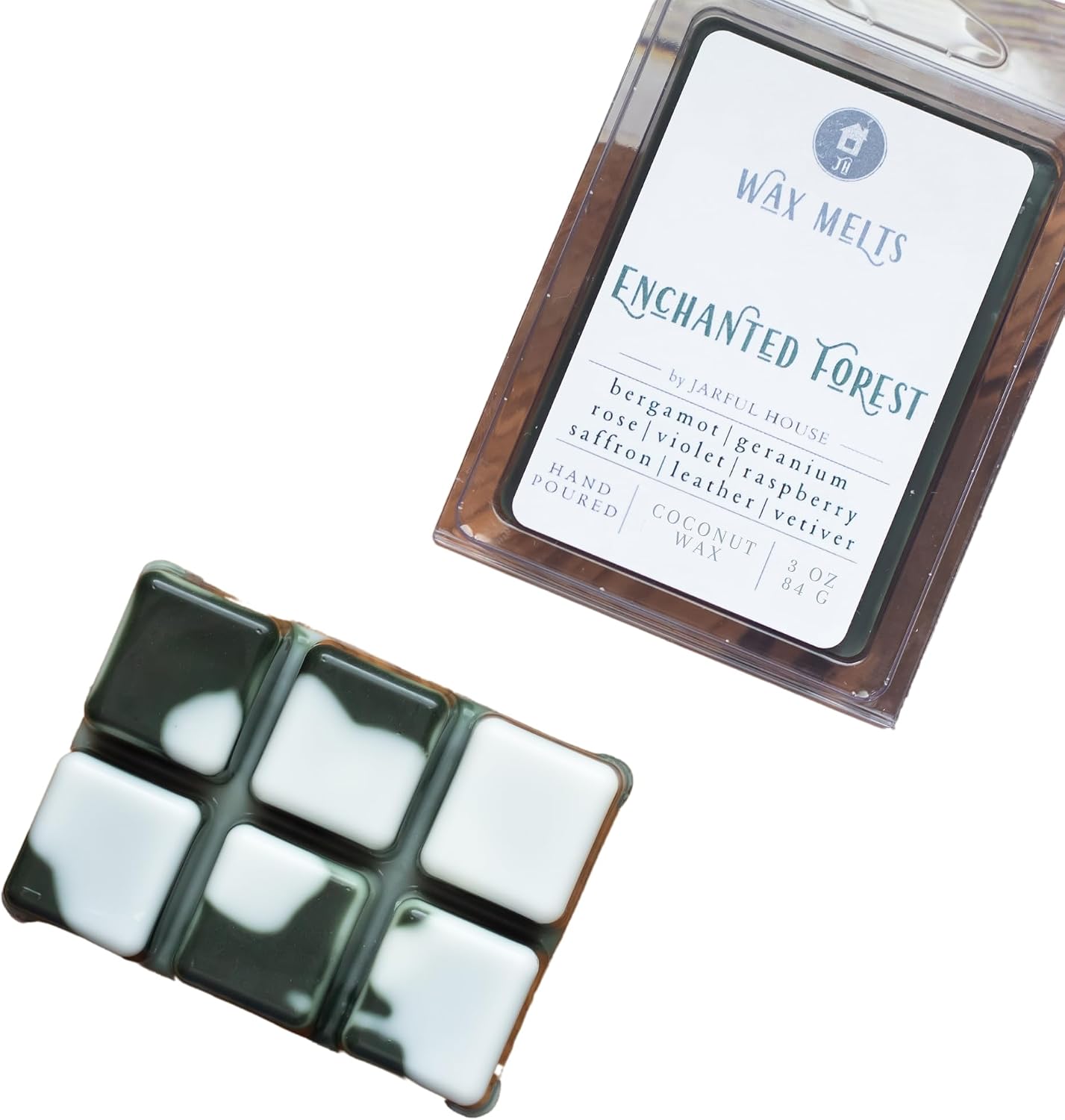 Enchanted Forest Wax Melts | Black Violet Saffron Amber Floral Blend Scent Clamshell Pack of 6 Cubes | Dark Green White 3 oz | Valentines Day Gift