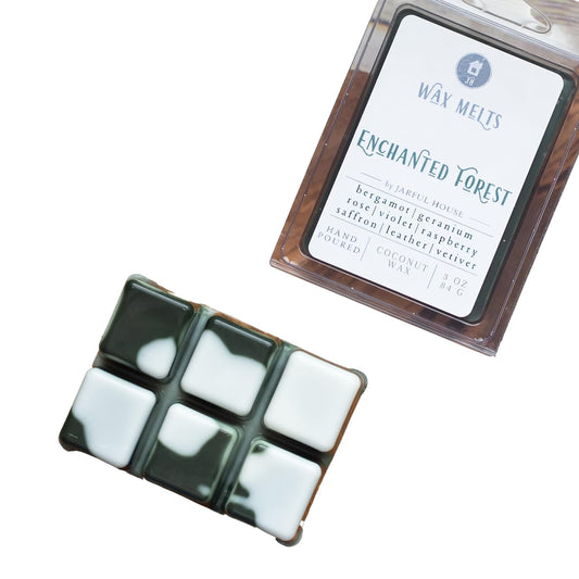 Enchanted Forest Wax Melts | Black Violet Saffron Amber Floral Blend Scent Clamshell Pack of 6 Cubes | Dark Green White 3 oz