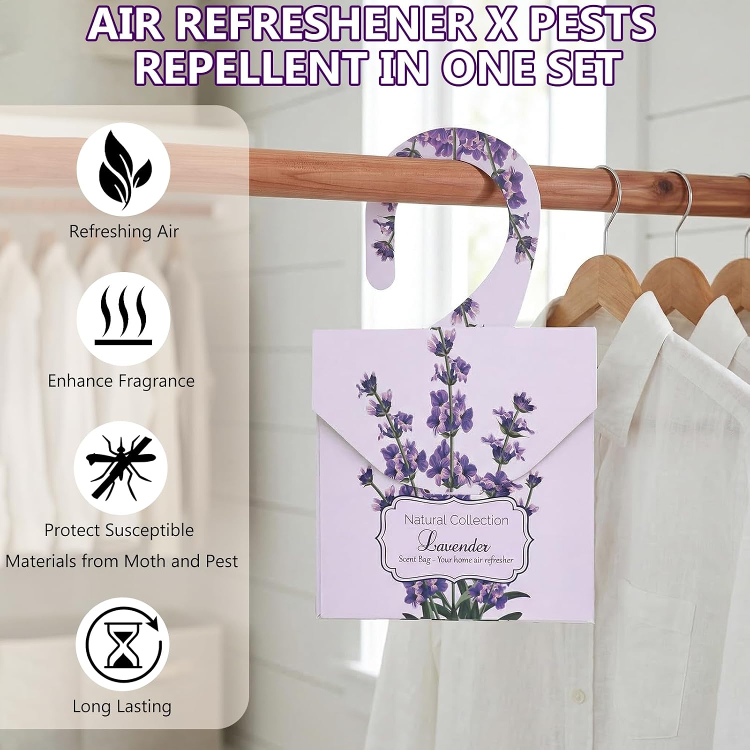 24 Pack Lavender Sachets, Natural Closet Freshener Drawer Sachets Hanging Home Fragrance Long Lasting with 10 Hanging Bags