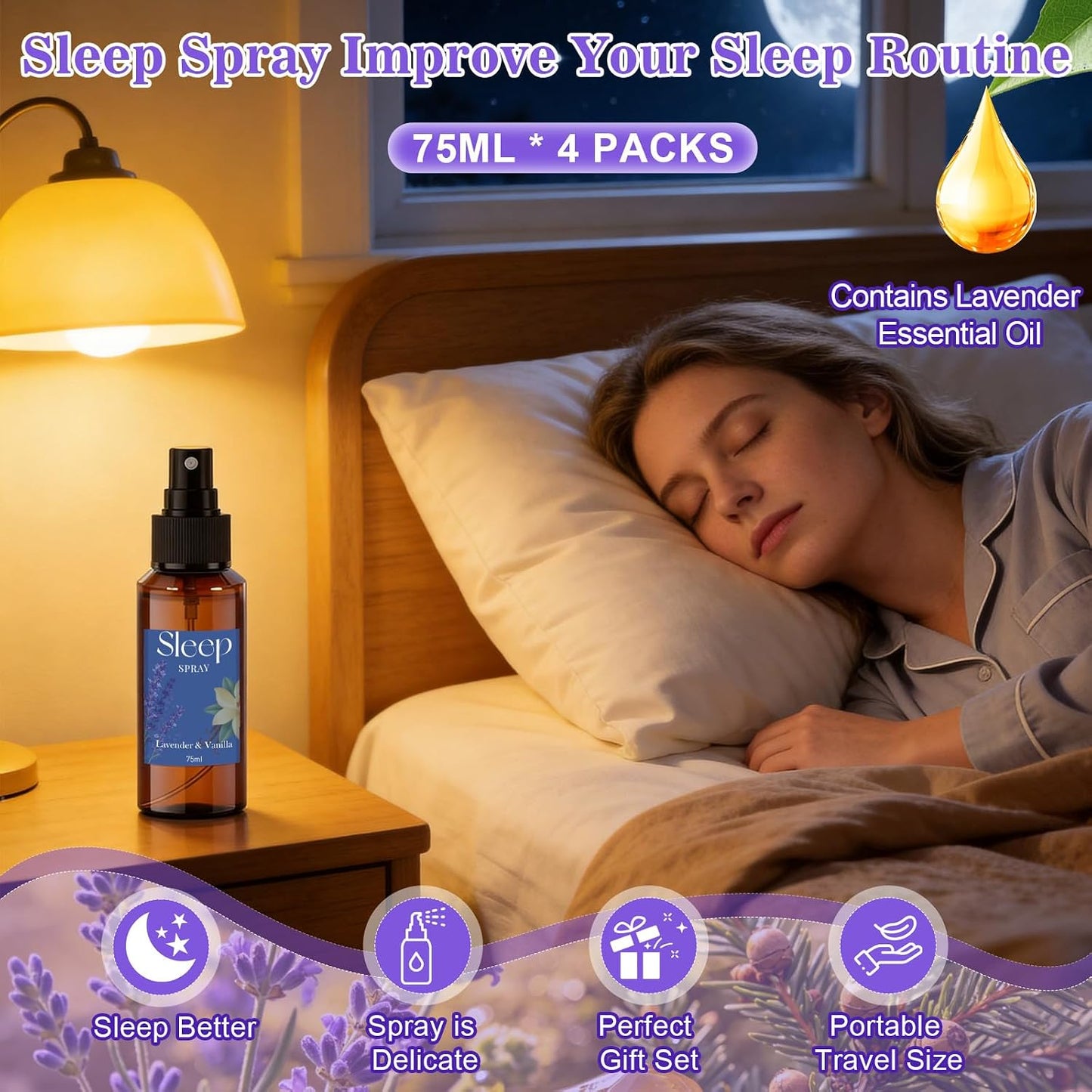 STRN Room Spray with Lavender Essential Oil for Sleep, Sleep Spray, Pillow Spray, 4 Scents - Lavender & Geranium, Juniper, Vanilla, Amber, Sweet Dream Fragrance Mist, 75 ML x 4 Bottles