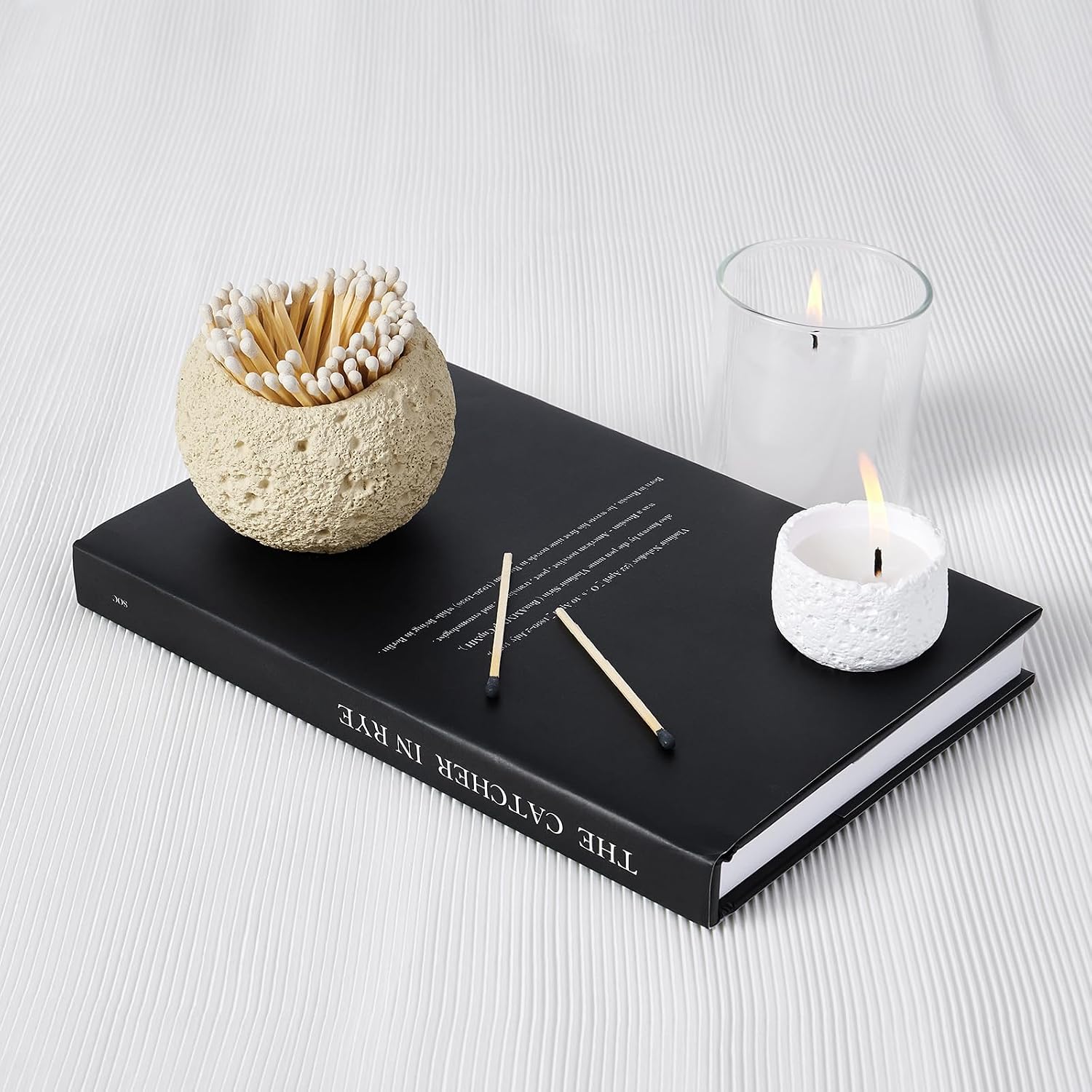 Concrete Match Holder with Striker Modern Sculpted Matchstick Cup for Long Candle Matches Decorative Concrete Match Jar for Fireplace Home Decor - Matches Not Included (Oval)