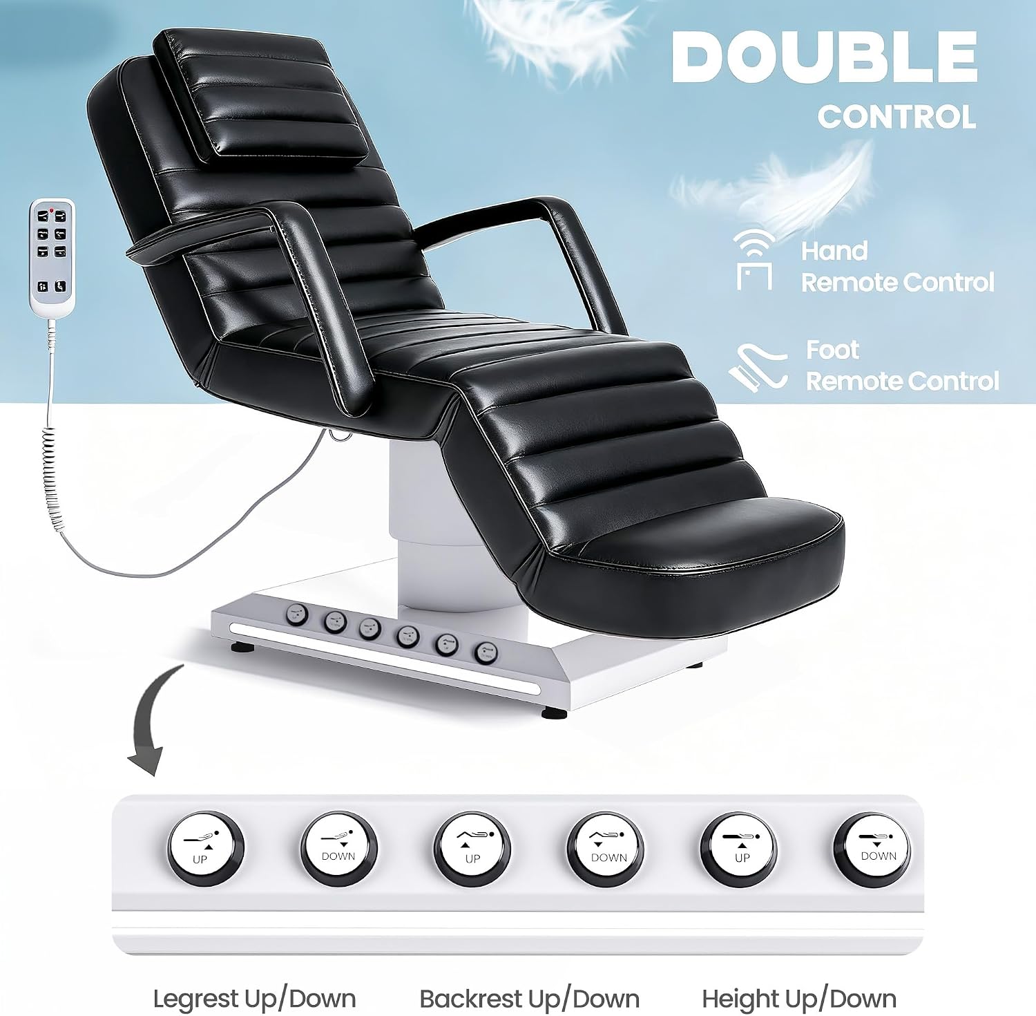Electric Massage Table with LED Light, Adjustable Facial Bed with Foot Control for Spa, Tattoo, Waxing, and Eyelash Extension, Removable Headrest and Armrest, 90° Back & Leg Adjustment (Black)
