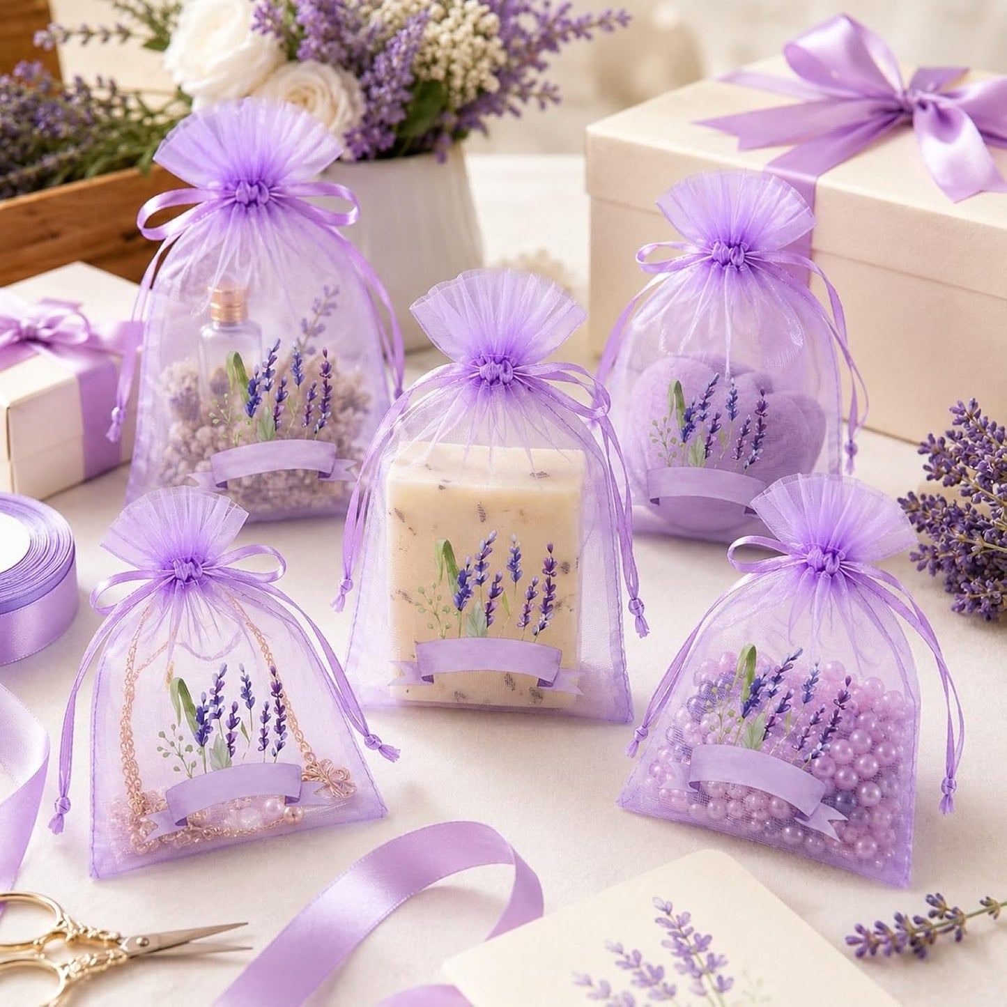 LUOZZY 50 Pcs Drawstring Organza Sachet Bags Small Mesh Lavender Sachets Bags Dried Flower Bags Christmas Wedding Party Favors Pouches (Light Purple)