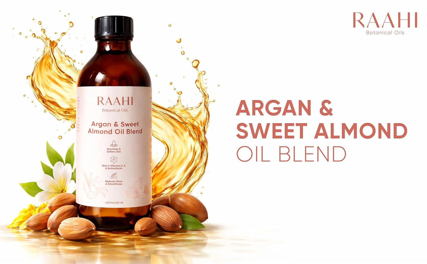 RAAHI Argan Oil and Sweet Almond Oil Blend for Hair and Skin, 4.05 fl oz / 120 ml, Lightweight Non Greasy Moisturizer for Face, Body, Scalp and Hair