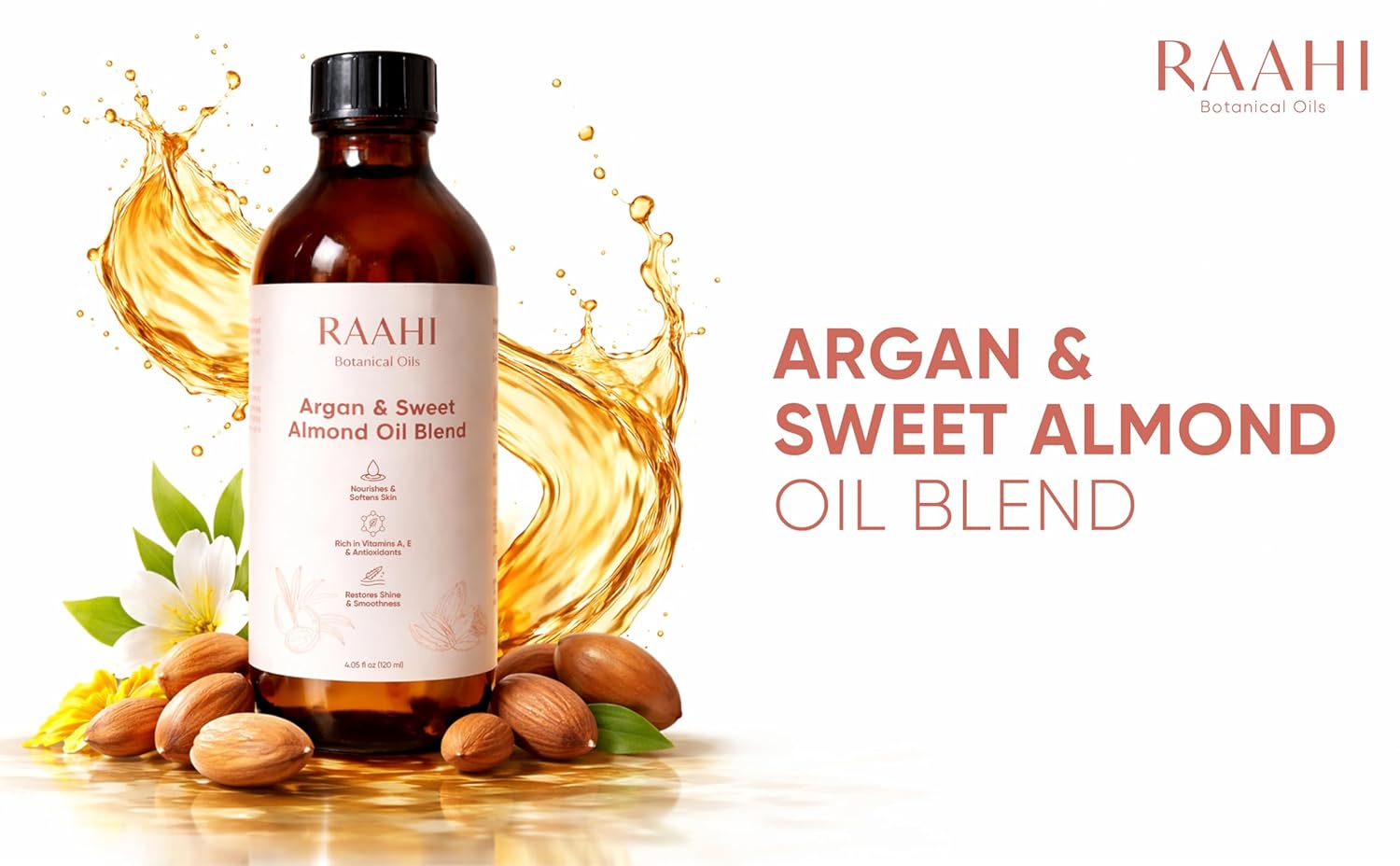 RAAHI Argan Oil and Sweet Almond Oil Blend for Hair and Skin, 4.05 fl oz / 120 ml, Lightweight Non Greasy Moisturizer for Face, Body, Scalp and Hair