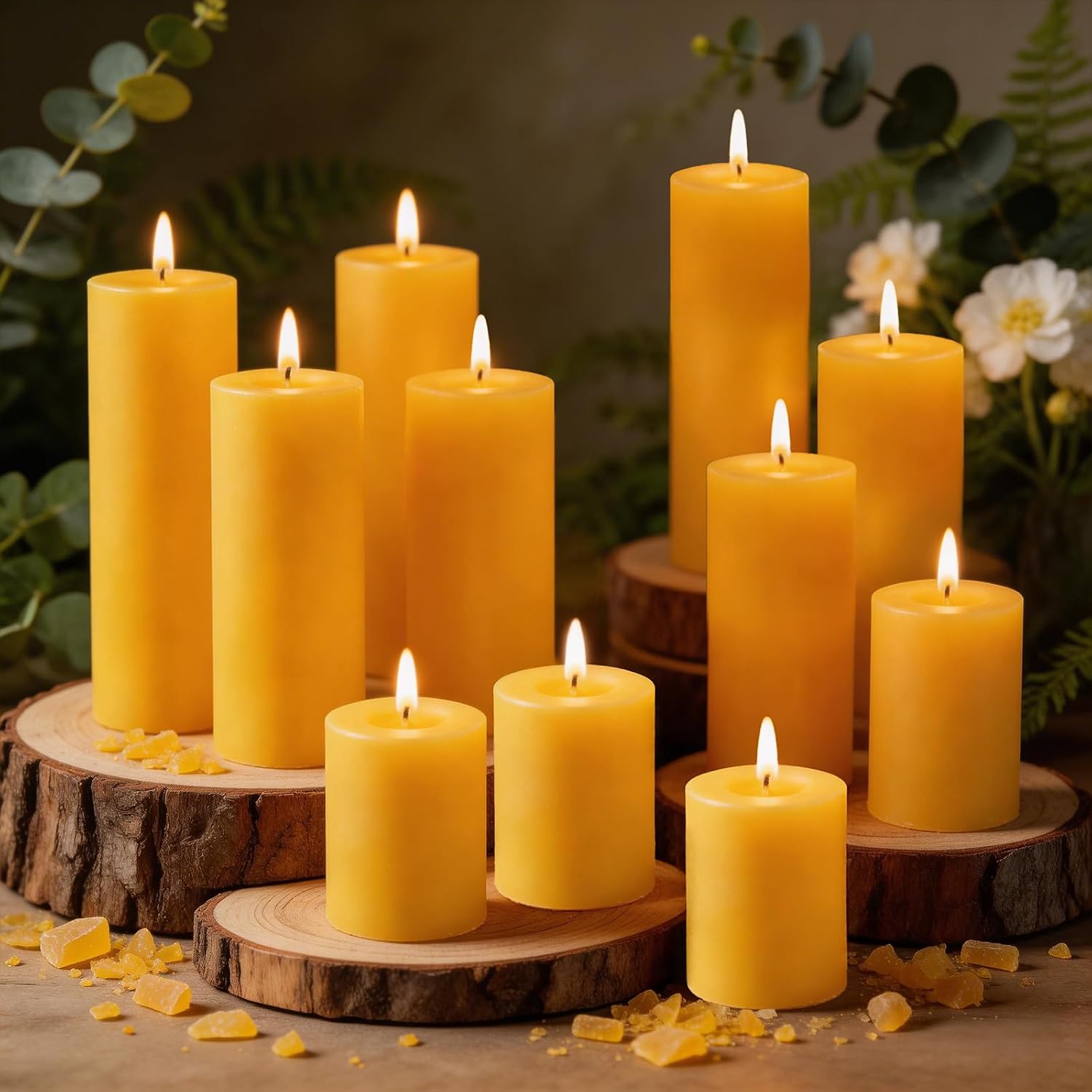12 Pack Pure Beeswax Pillar Candles, 2x3/6/8 Inch, Natural Mild Honey Scent, Long Burning, Smokeless & Dripless for Home Decor & Prayer